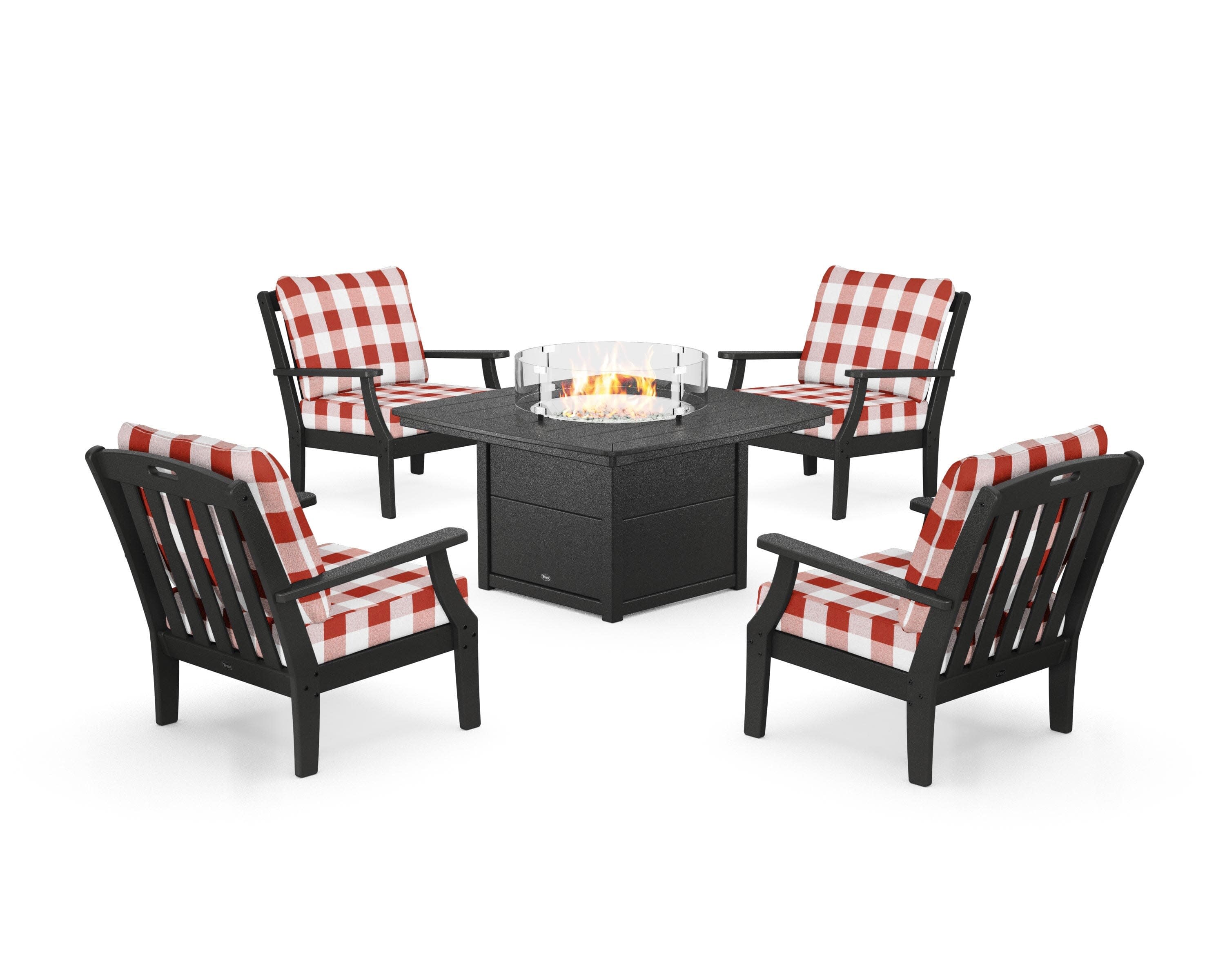 Yacht Club 5-Piece Deep Seating Set with Fire Pit Table in Charcoal Black / Buffalo Plaid Crimson