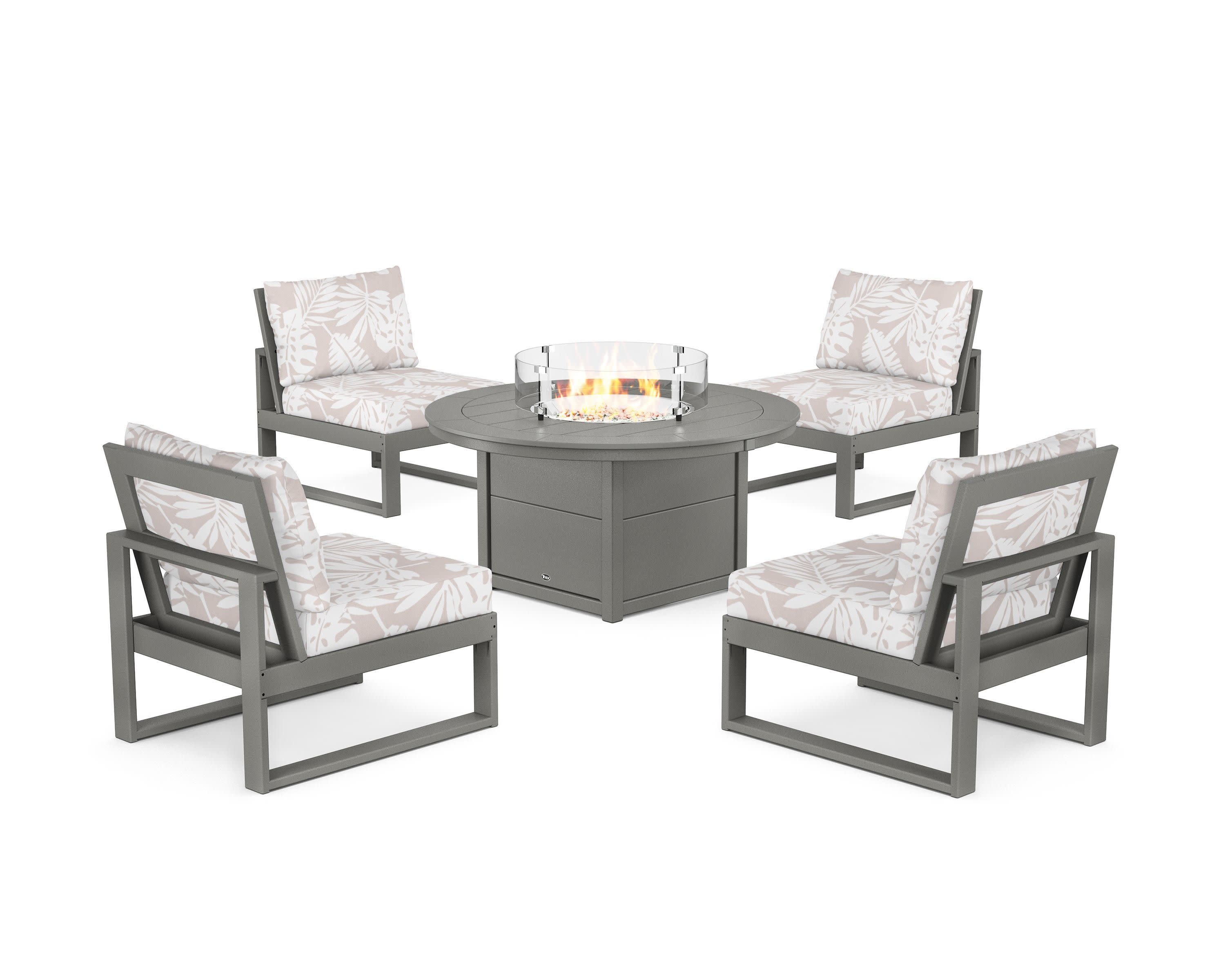 Eastport Modular 5-Piece Deep Seating Set with Round Fire Pit Table in Stepping Stone / Leaf Dune Burlap
