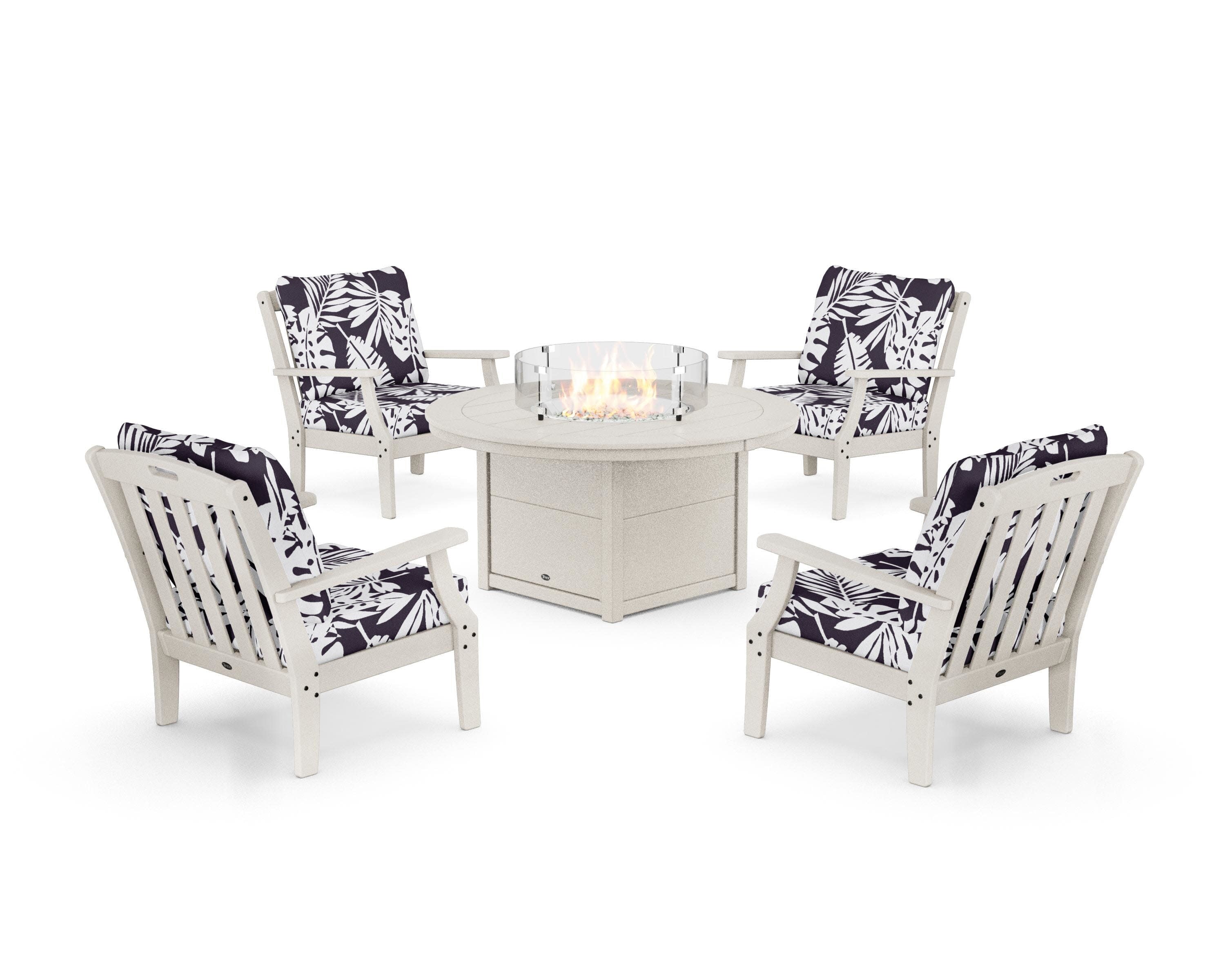 Yacht Club 5-Piece Deep Seating Set with Round Fire Pit Table in Sand Castle / Leaf Navy