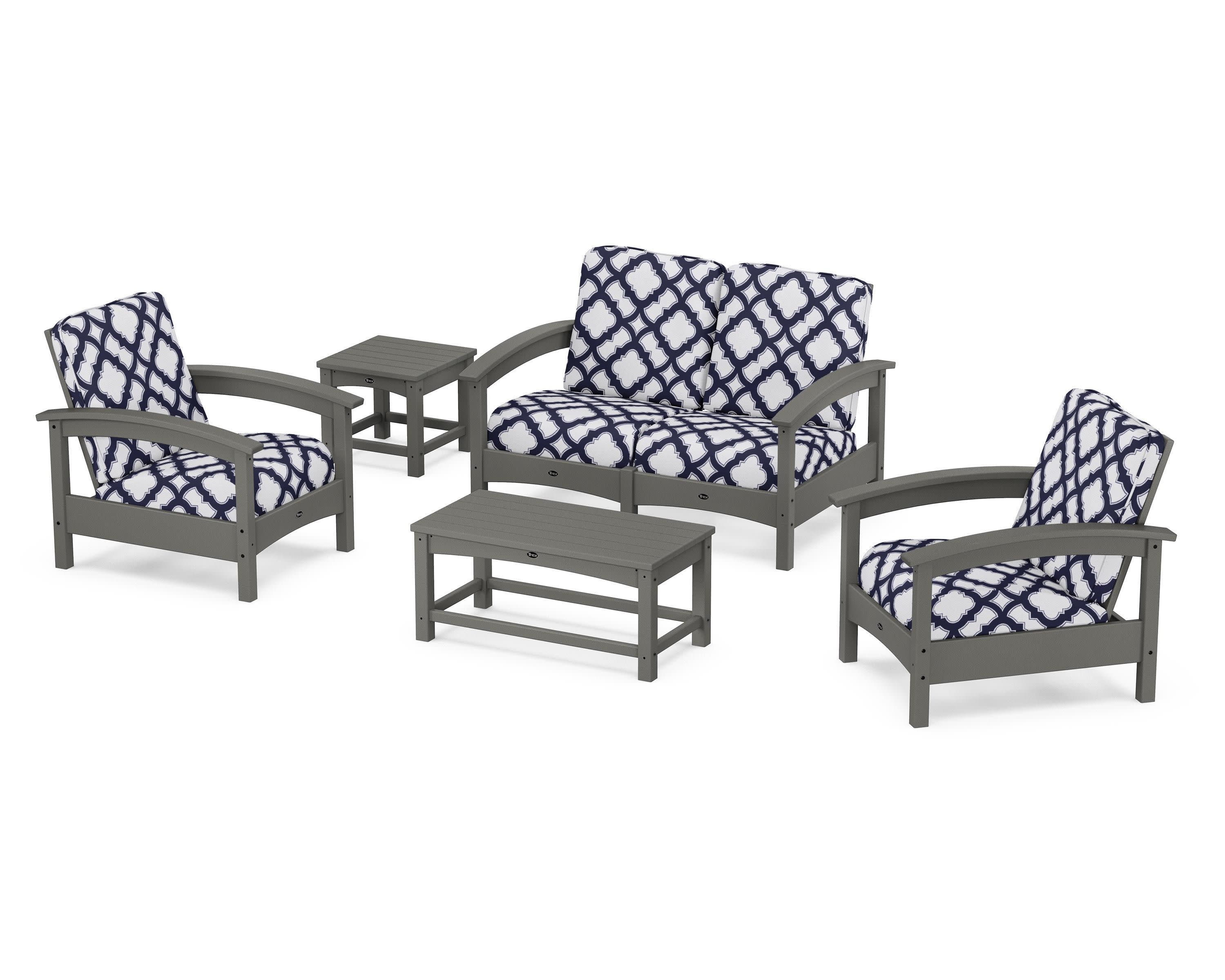 Rockport Club 6-Piece Deep Seating Conversation Set in Stepping Stone / Trellis Navy