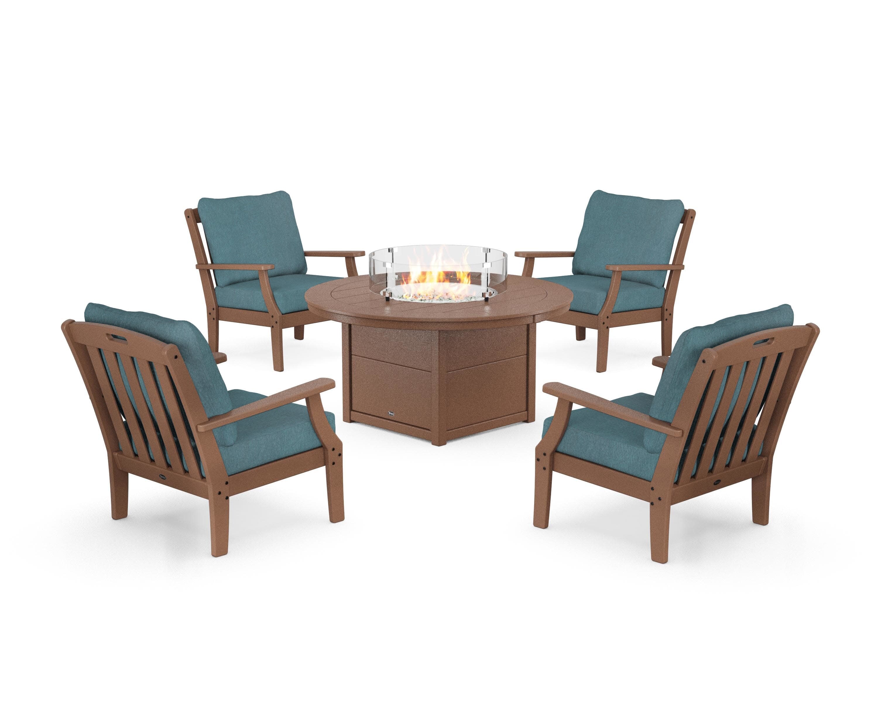Yacht Club 5-Piece Deep Seating Set with Round Fire Pit Table in Tree House / Ocean Teal