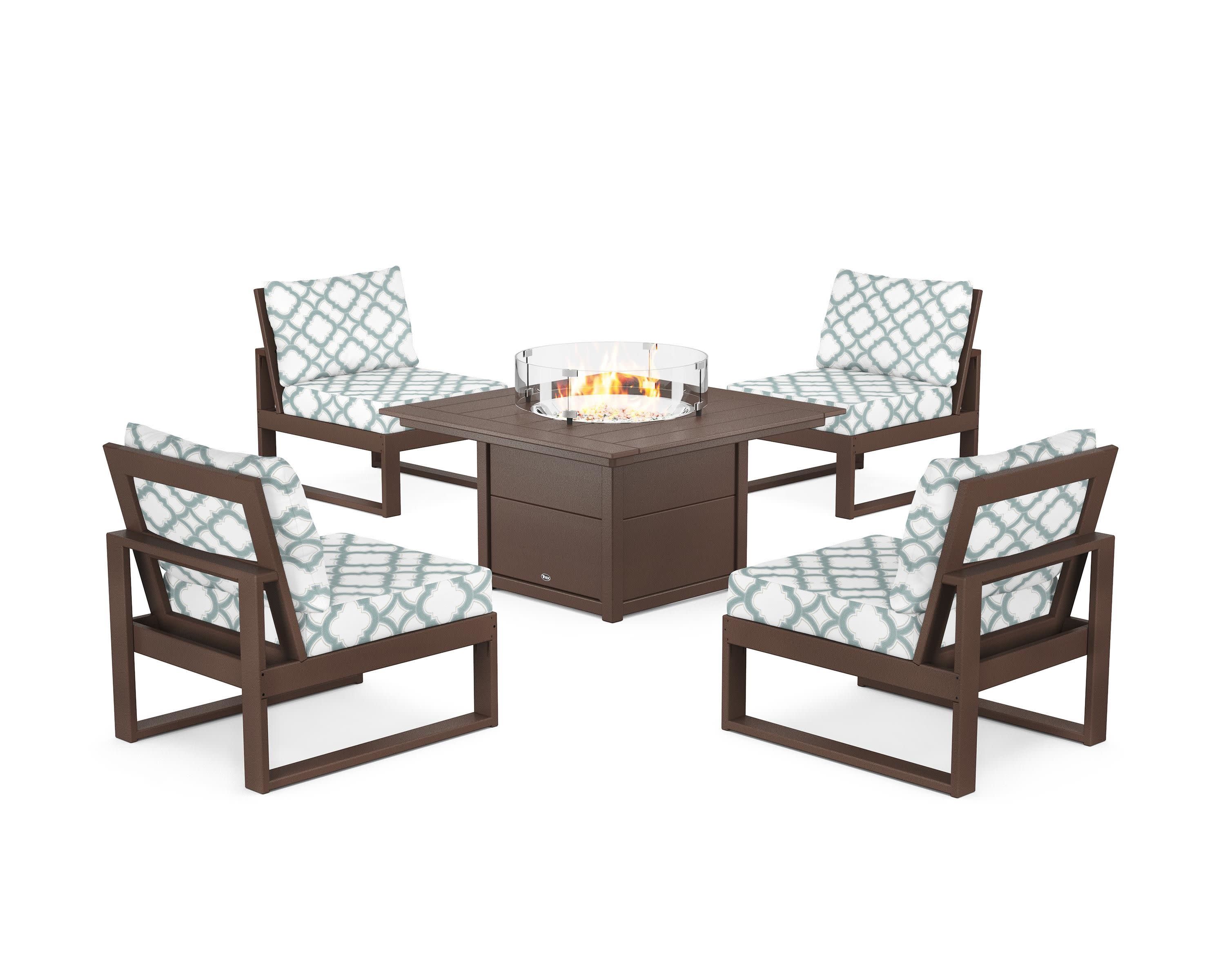 Eastport Modular 5-Piece Deep Seating Set with Square Fire Pit Table in Vintage Lantern / Trellis Glacier Spa