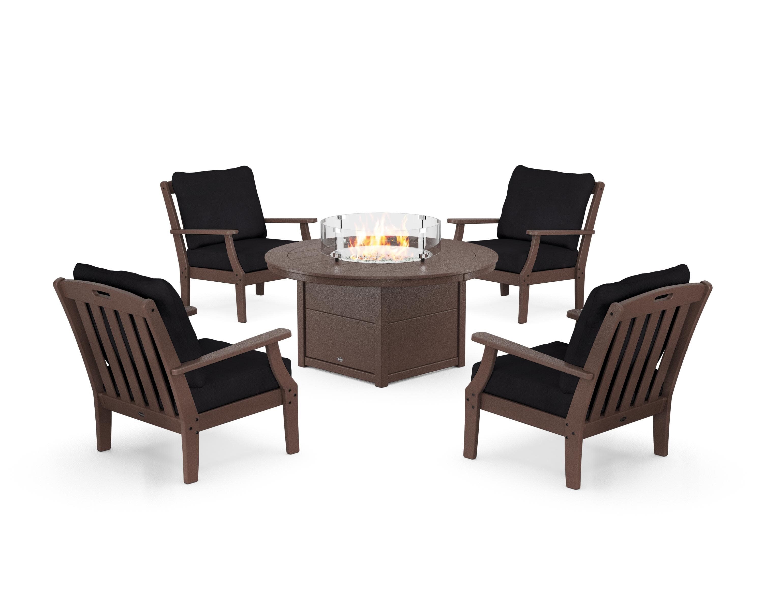 Yacht Club 5-Piece Deep Seating Set with Round Fire Pit Table in Vintage Lantern / Midnight Linen