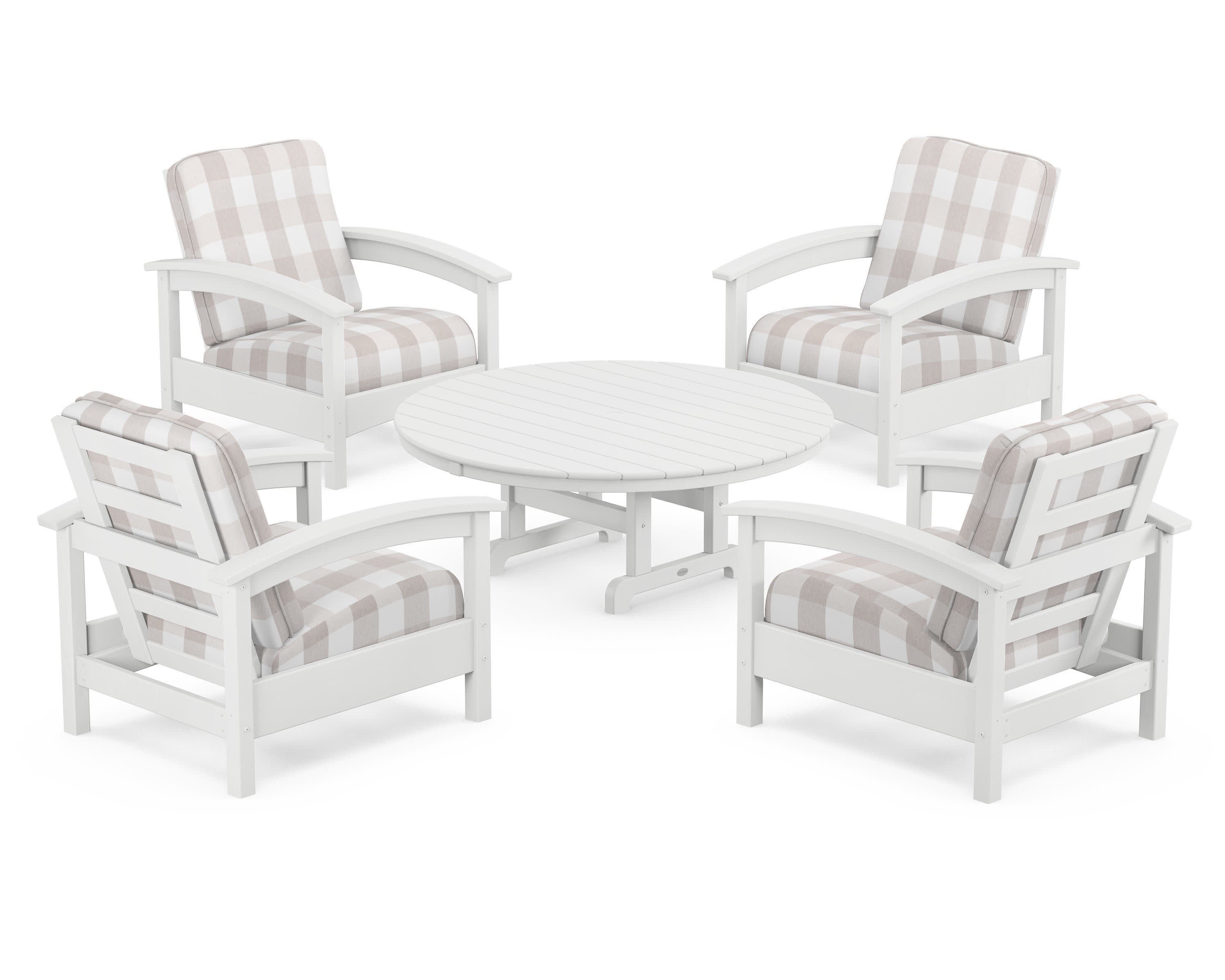 Rockport 5-Piece Deep Seating Set in Classic White / Buffalo Plaid Dune Burlap