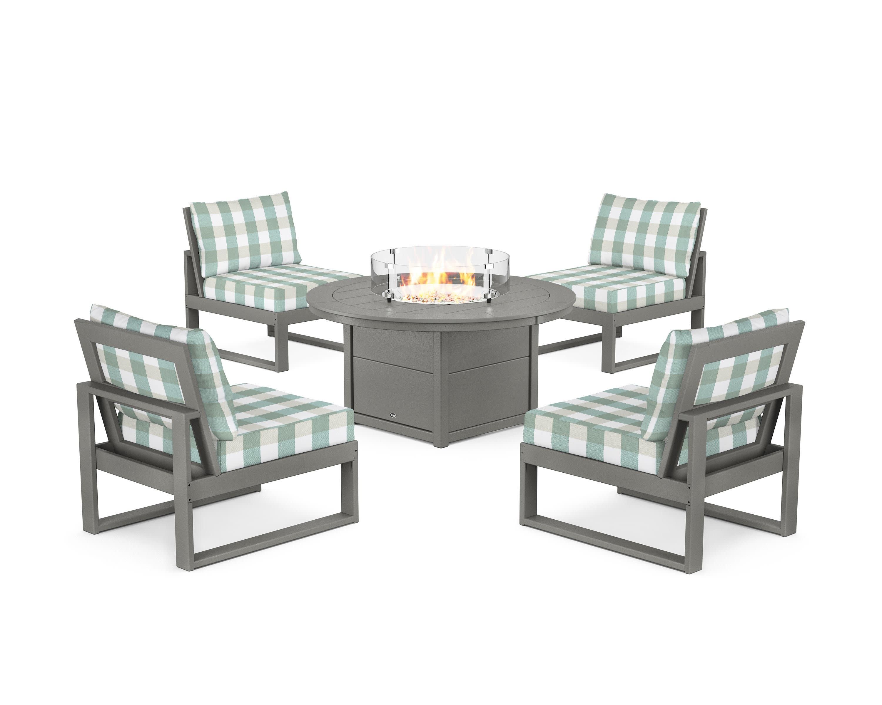 Eastport Modular 5-Piece Deep Seating Set with Round Fire Pit Table in Stepping Stone / Buffalo Plaid Glacier Spa