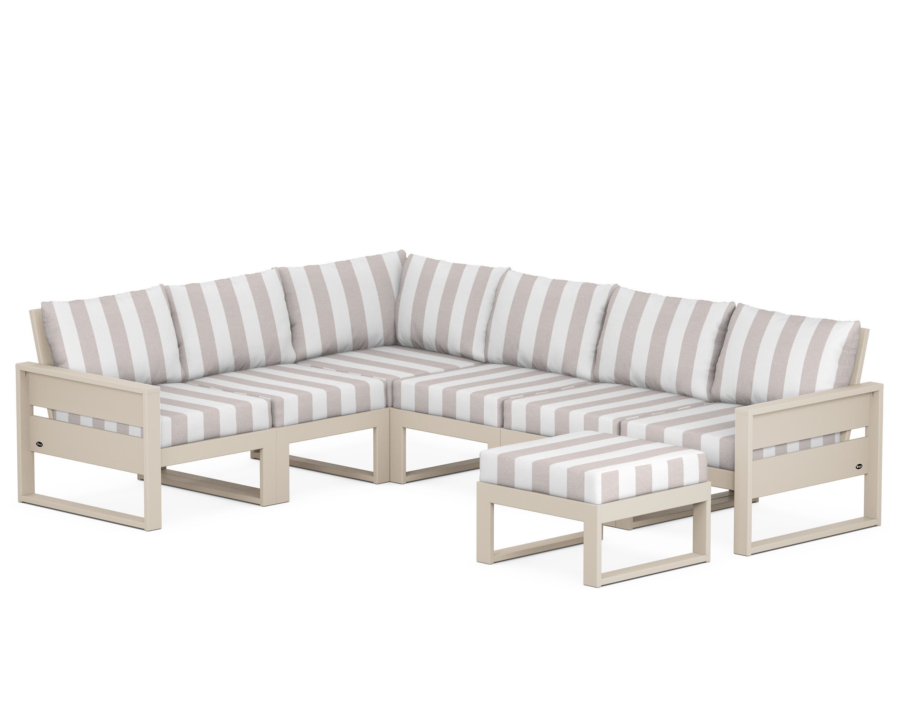 Eastport 6-Piece Sectional with Ottoman in Sand Castle / Cabana Stripe Dune Burlap