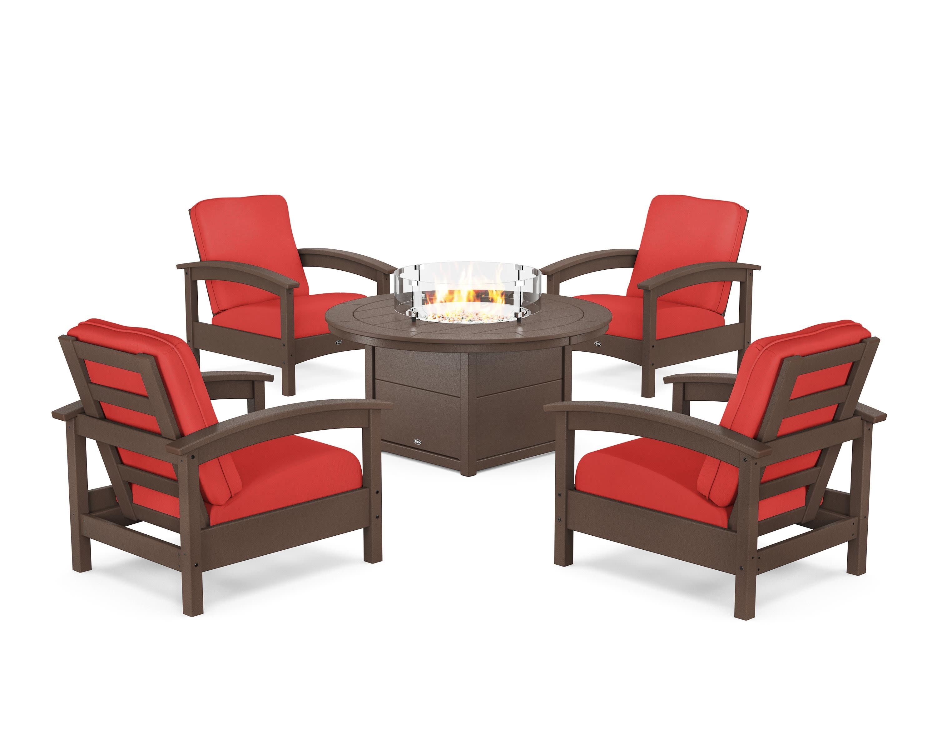 Rockport 5-Piece Deep Seating Set with Round Fire Pit Table in Vintage Lantern / Crimson Linen