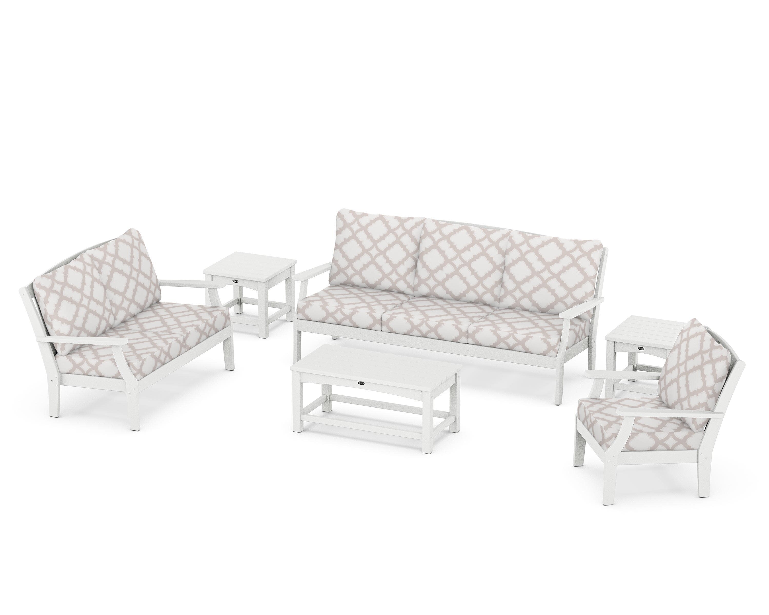 Yacht Club 6-Piece Deep Seating Set in Classic White / Trellis Dune Burlap
