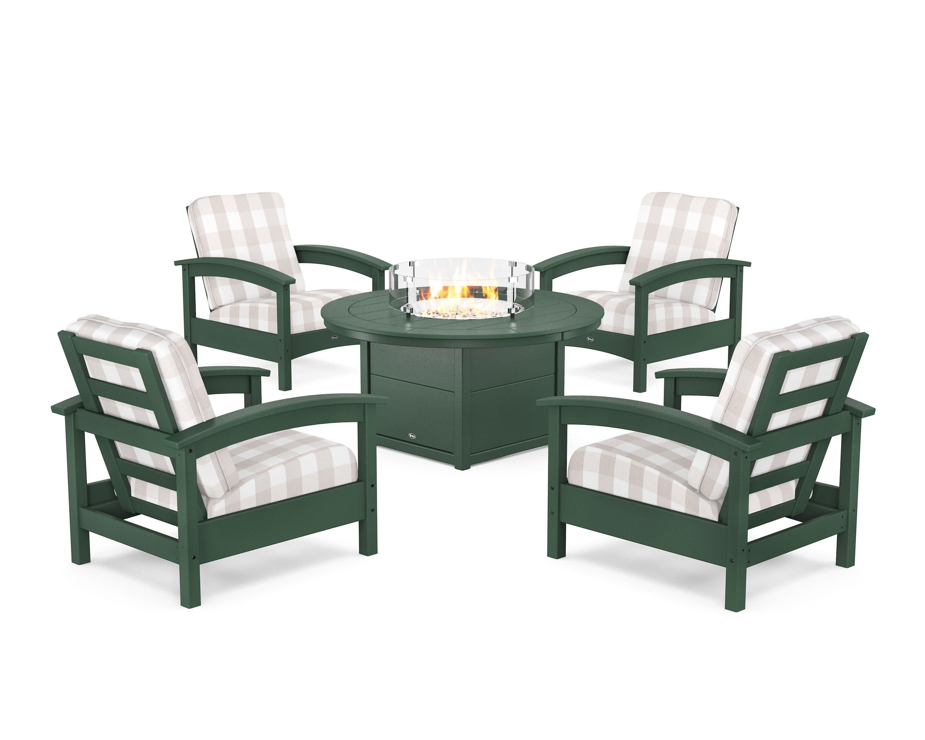 Rockport 5-Piece Deep Seating Set with Round Fire Pit Table in Rainforest Canopy / Buffalo Plaid Dune Burlap