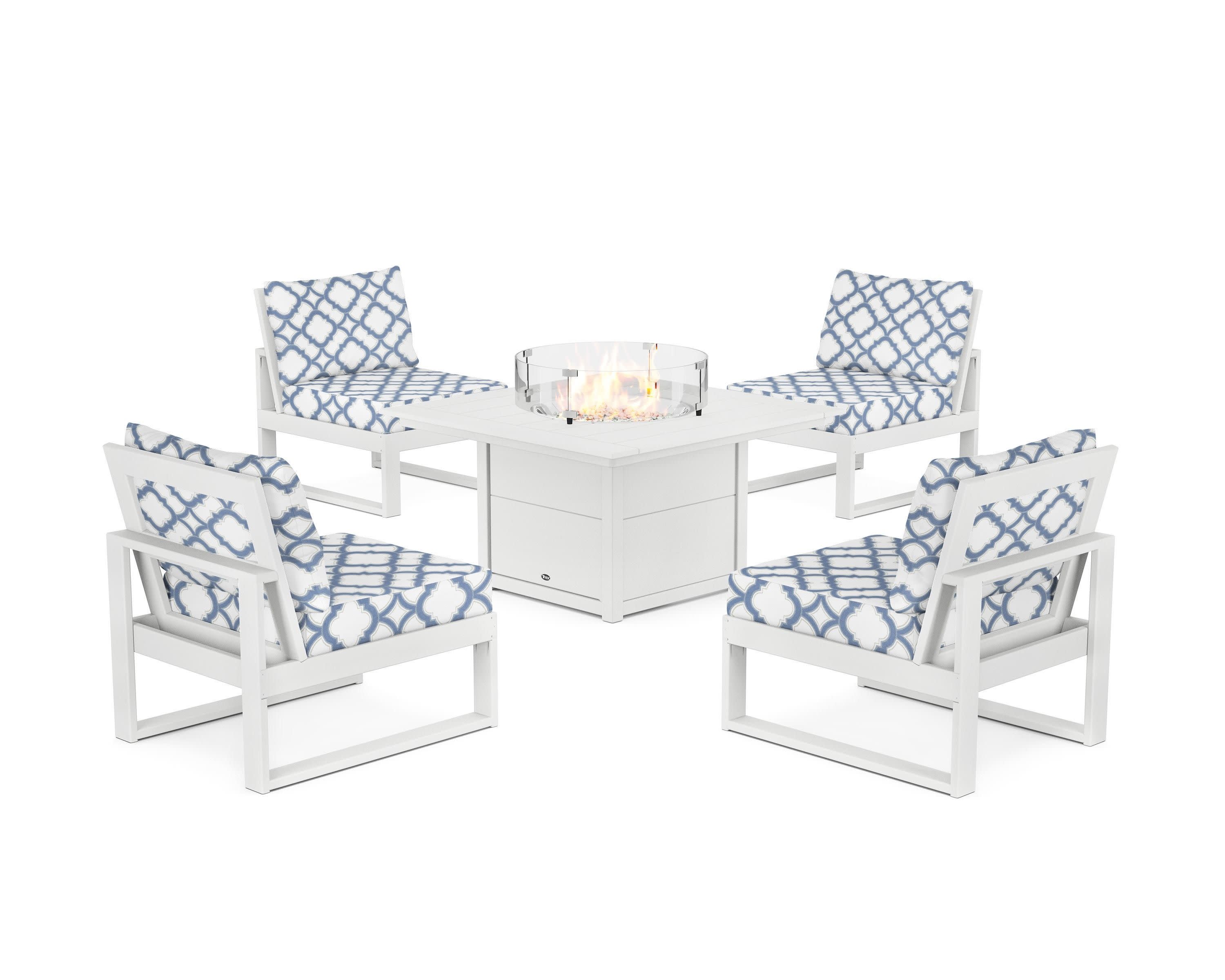 Eastport Modular 5-Piece Deep Seating Set with Square Fire Pit Table in Classic White / Trellis Sky Blue