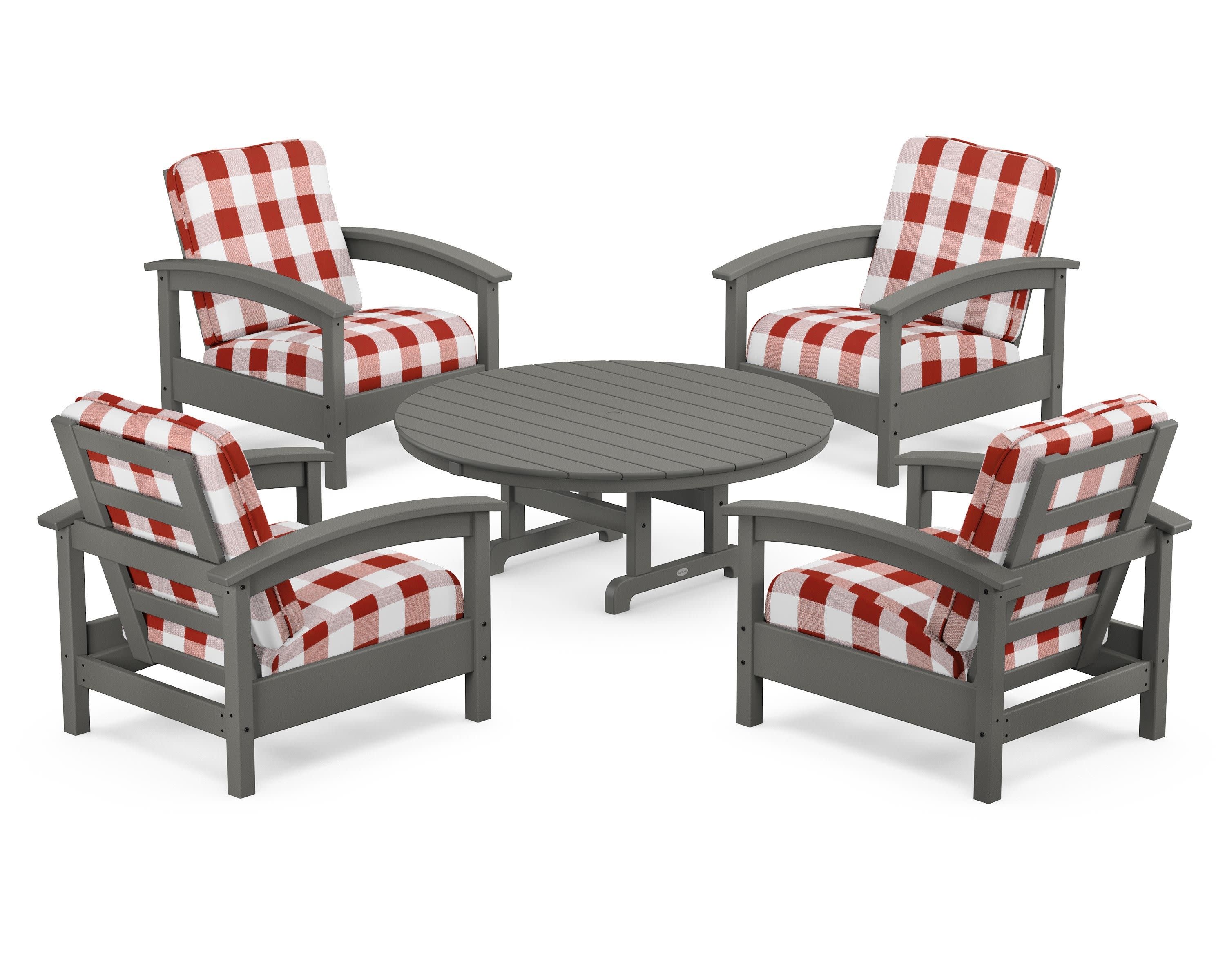 Rockport 5-Piece Deep Seating Set in Stepping Stone / Buffalo Plaid Crimson
