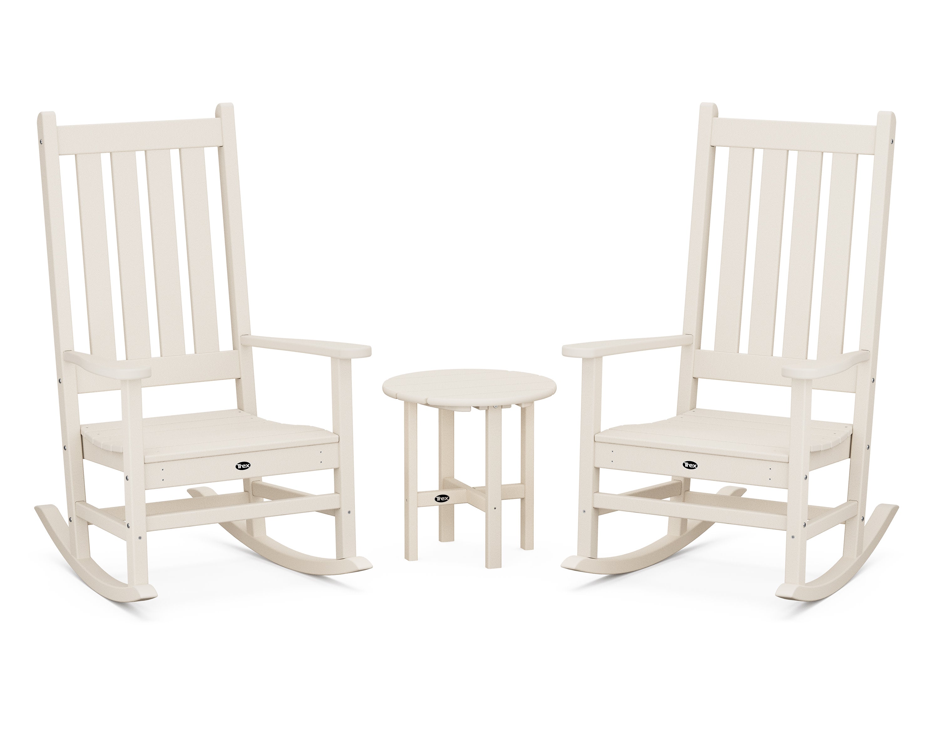 Cape Cod 3-Piece Porch Rocking Chair Set with Cape Cod Round 18" Side Table in Sand Castle