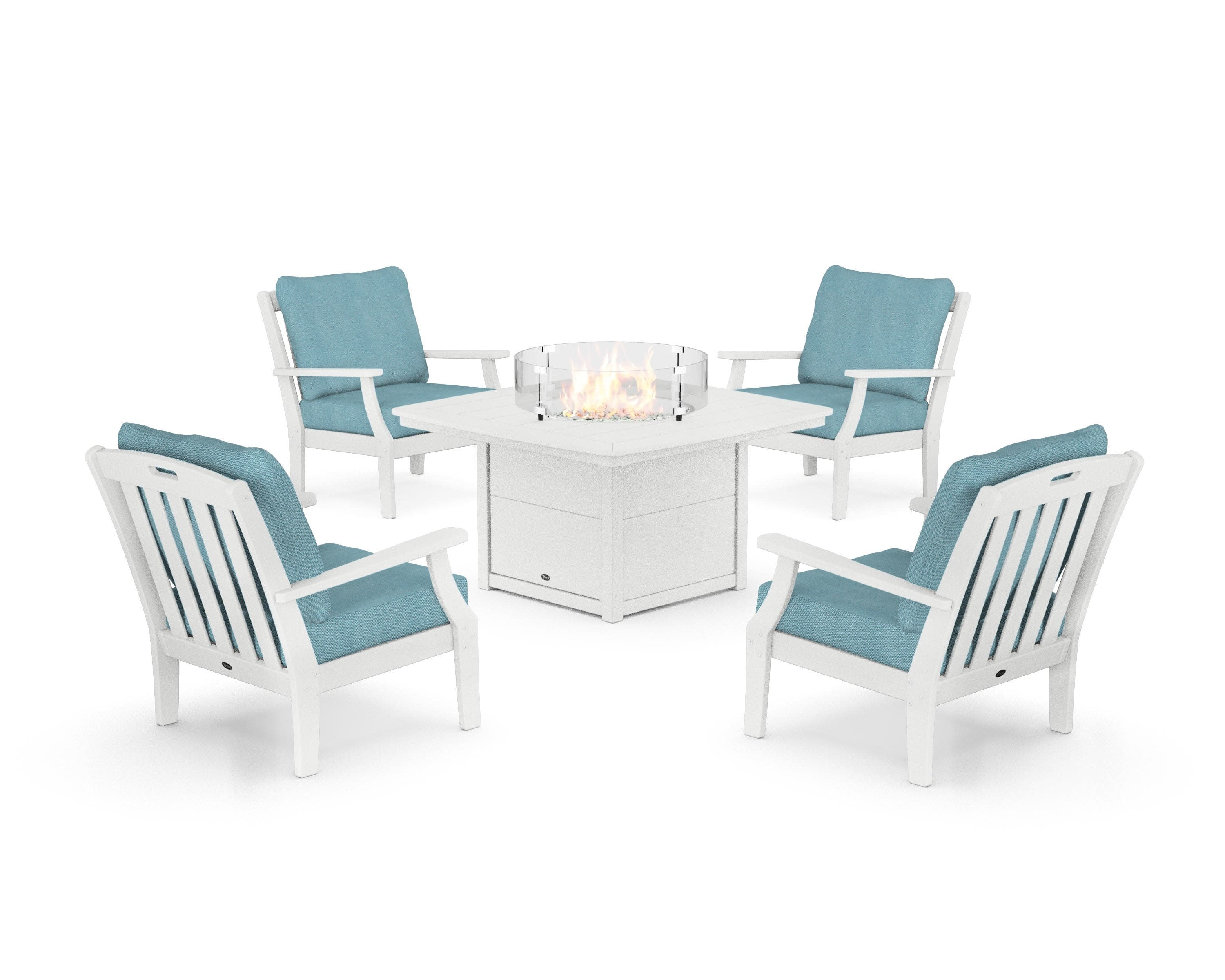 Yacht Club 5-Piece Deep Seating Set with Fire Pit Table in Classic White / Lattice Sky Blue