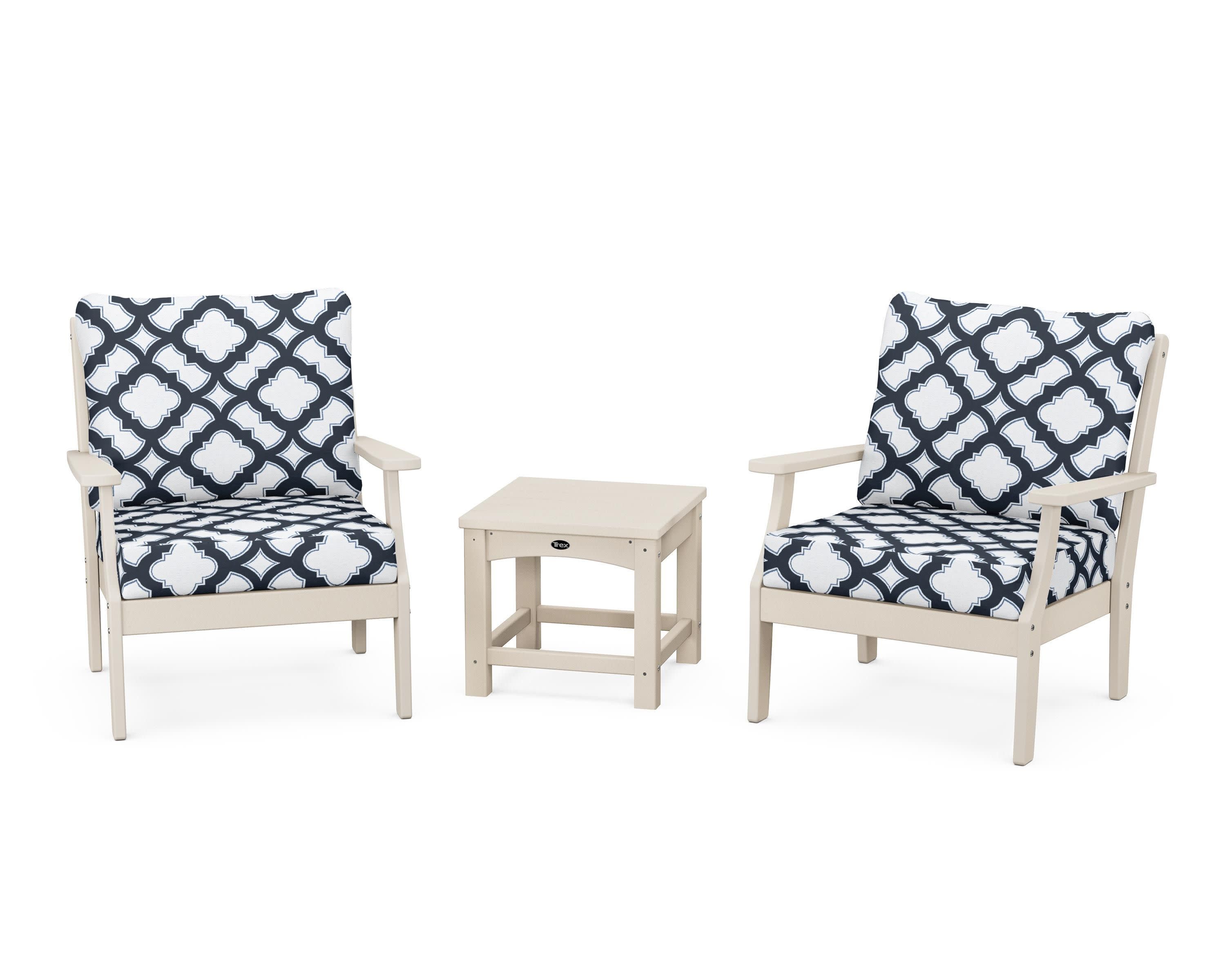 Yacht Club 3-Piece Deep Seating Set in Sand Castle / Trellis Marine Indigo