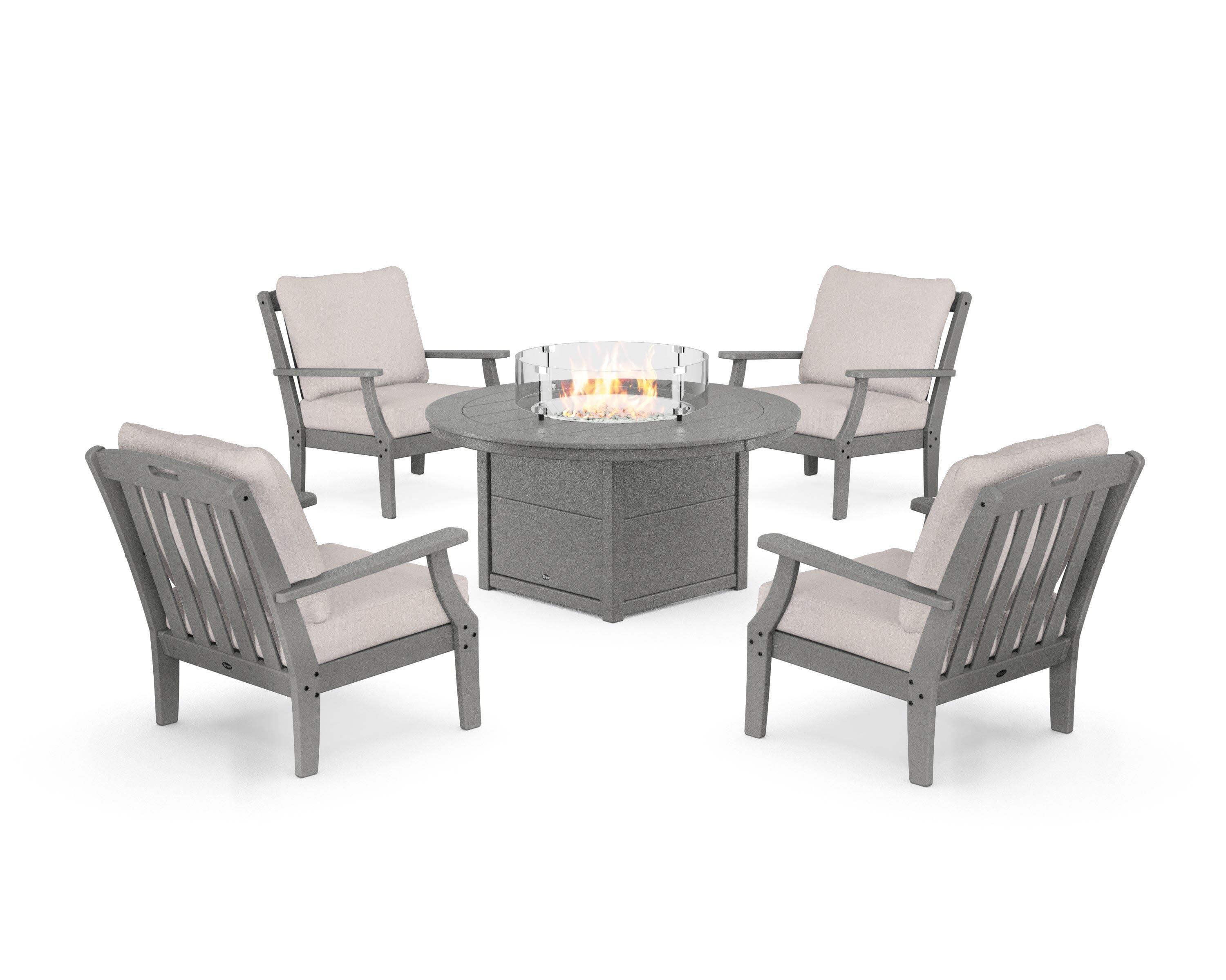 Yacht Club 5-Piece Deep Seating Set with Round Fire Pit Table in Stepping Stone / Dune Burlap