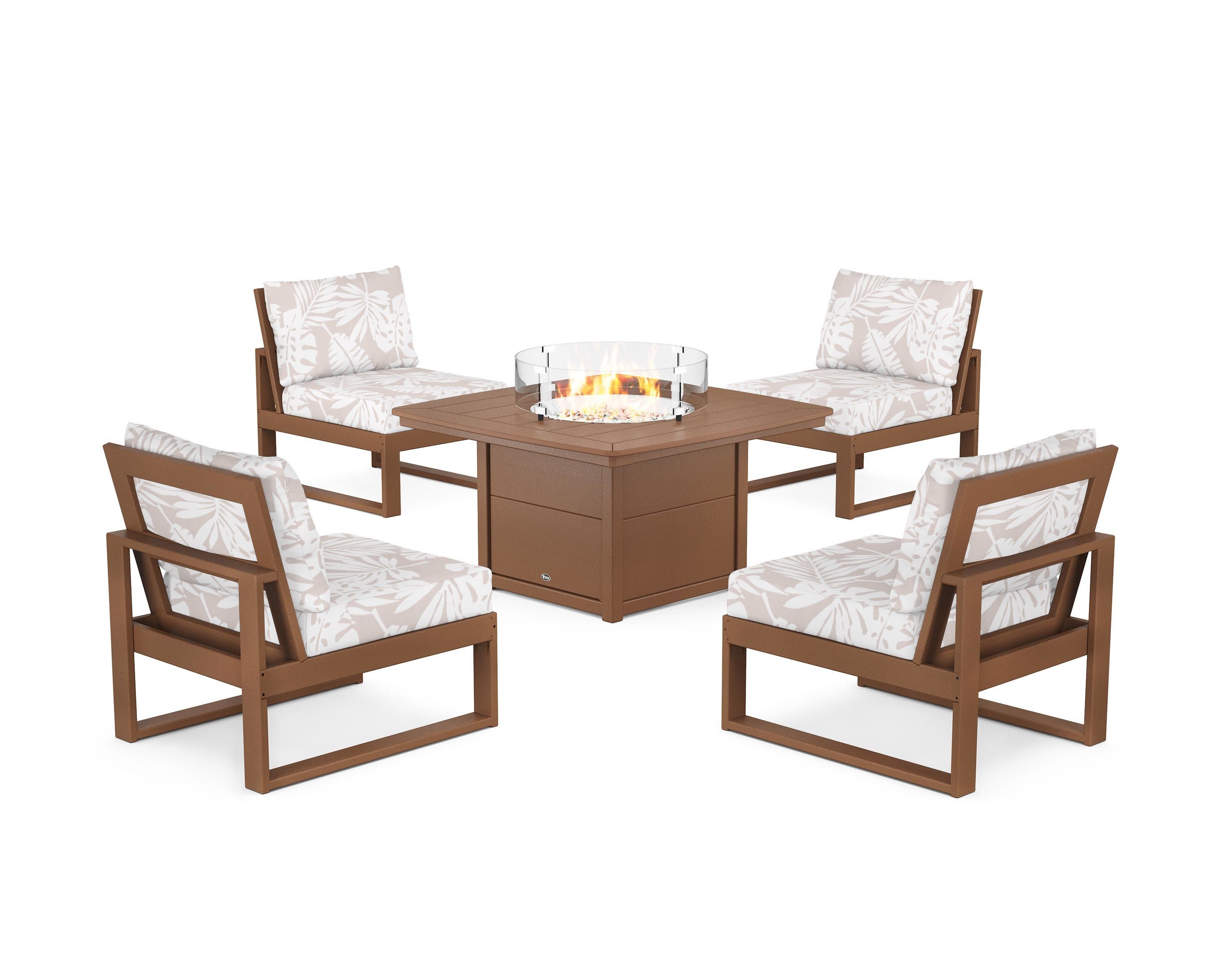 Eastport Modular 5-Piece Deep Seating Set with Yacht Club Fire Pit Table in Tree House / Leaf Dune Burlap
