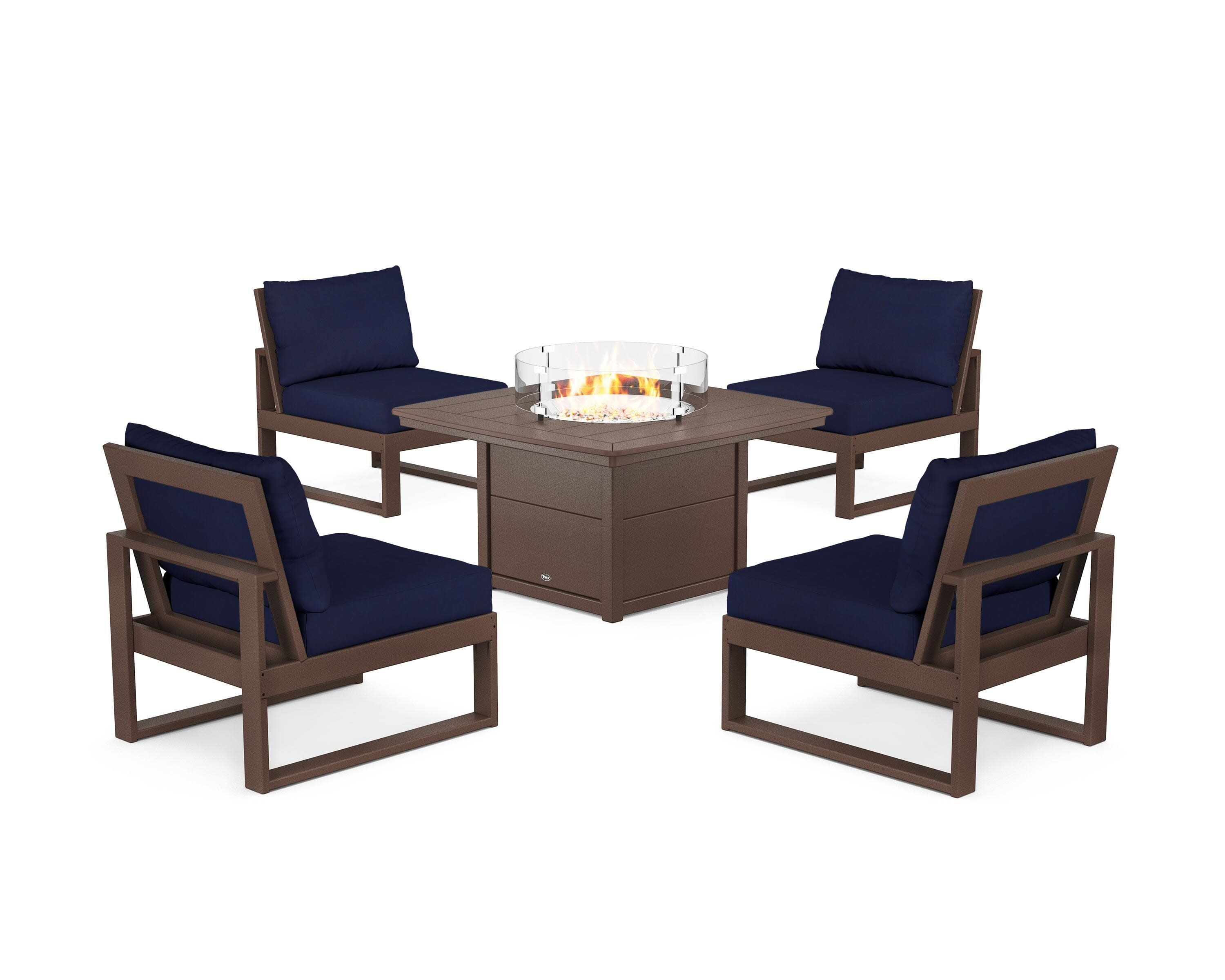 Eastport Modular 5-Piece Deep Seating Set with Yacht Club Fire Pit Table in Vintage Lantern / Navy