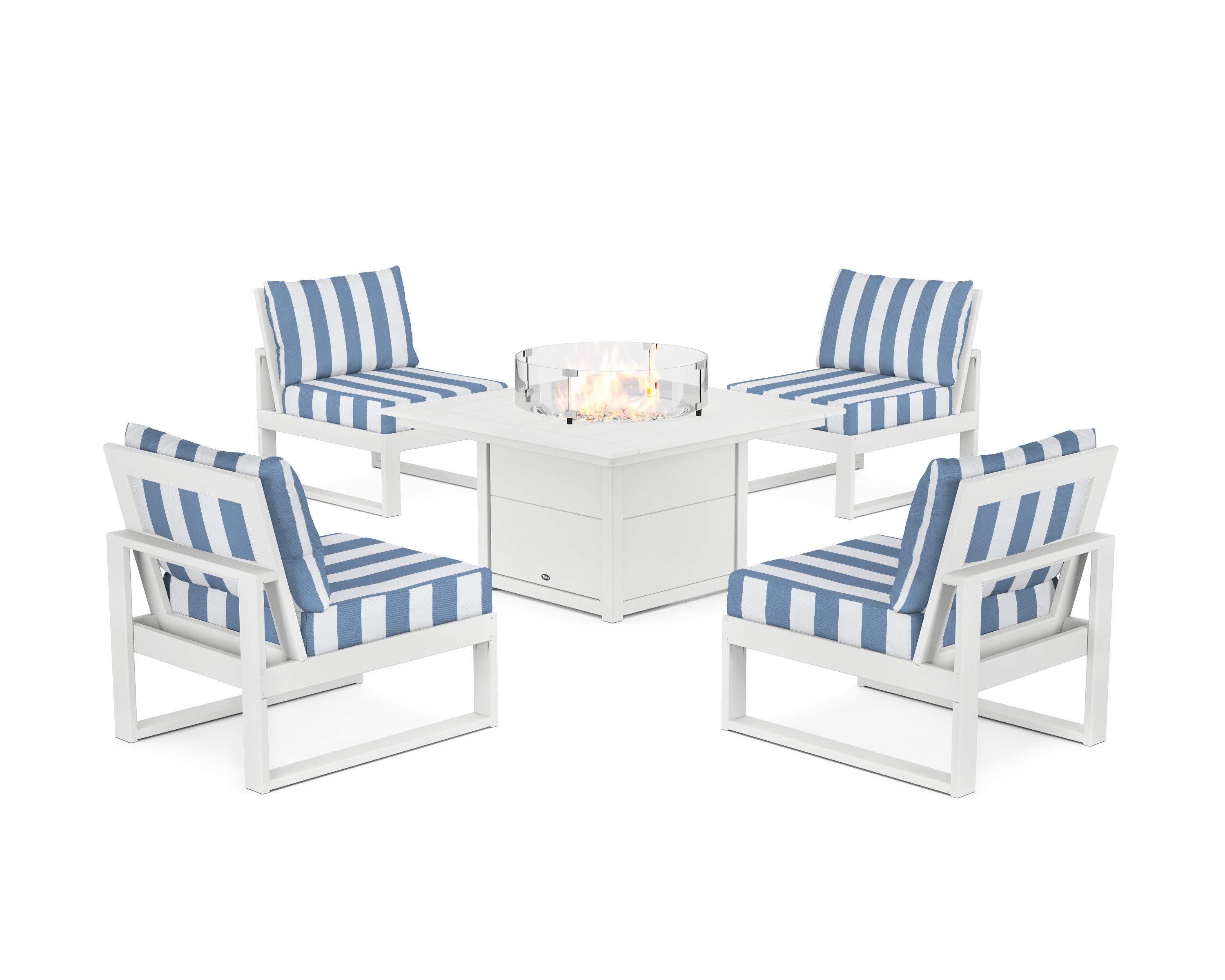 Eastport Modular 5-Piece Deep Seating Set with Square Fire Pit Table in Classic White / Cabana Stripe Sky Blue
