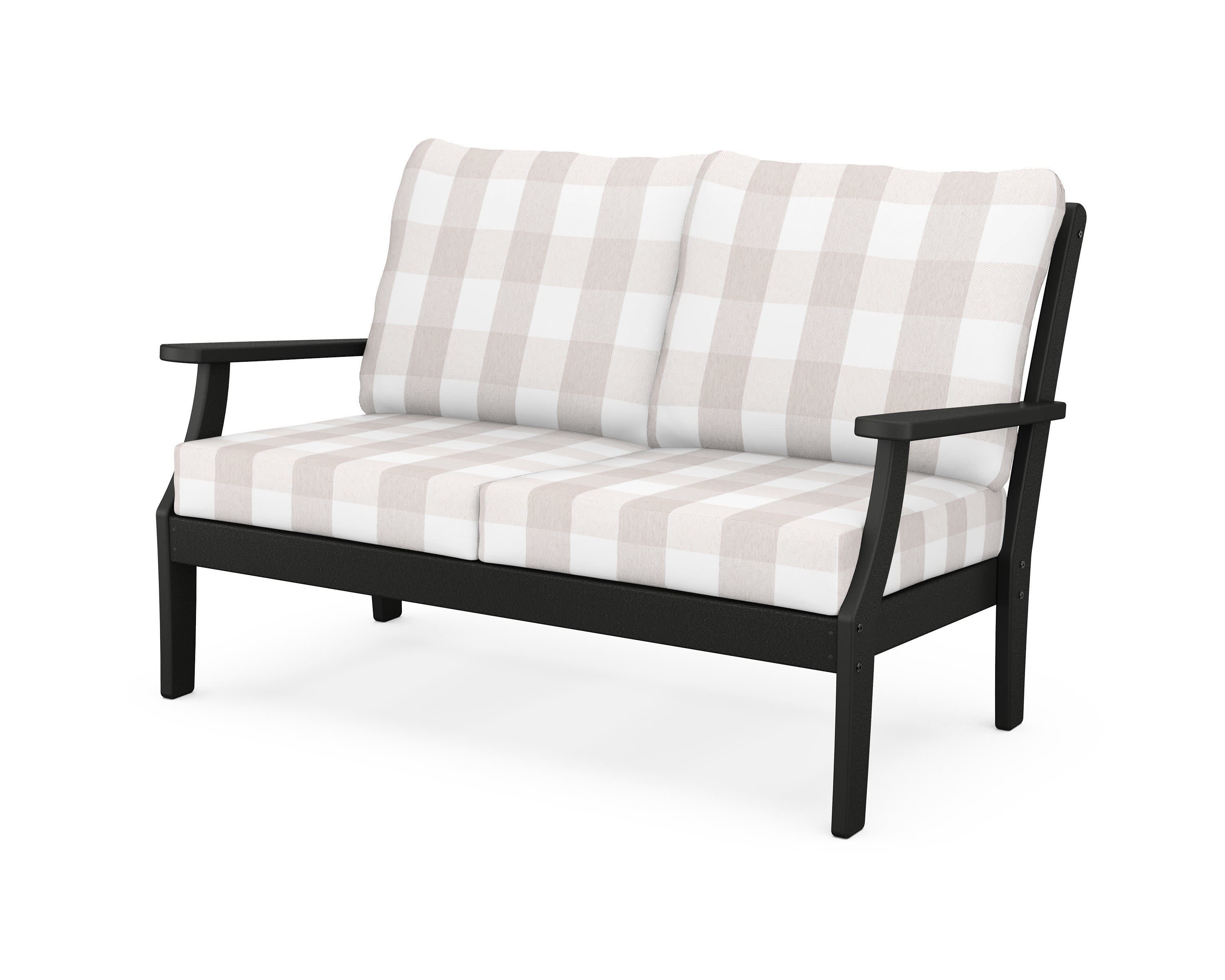 Yacht Club Deep Seating Loveseat in Charcoal Black / Buffalo Plaid Dune Burlap