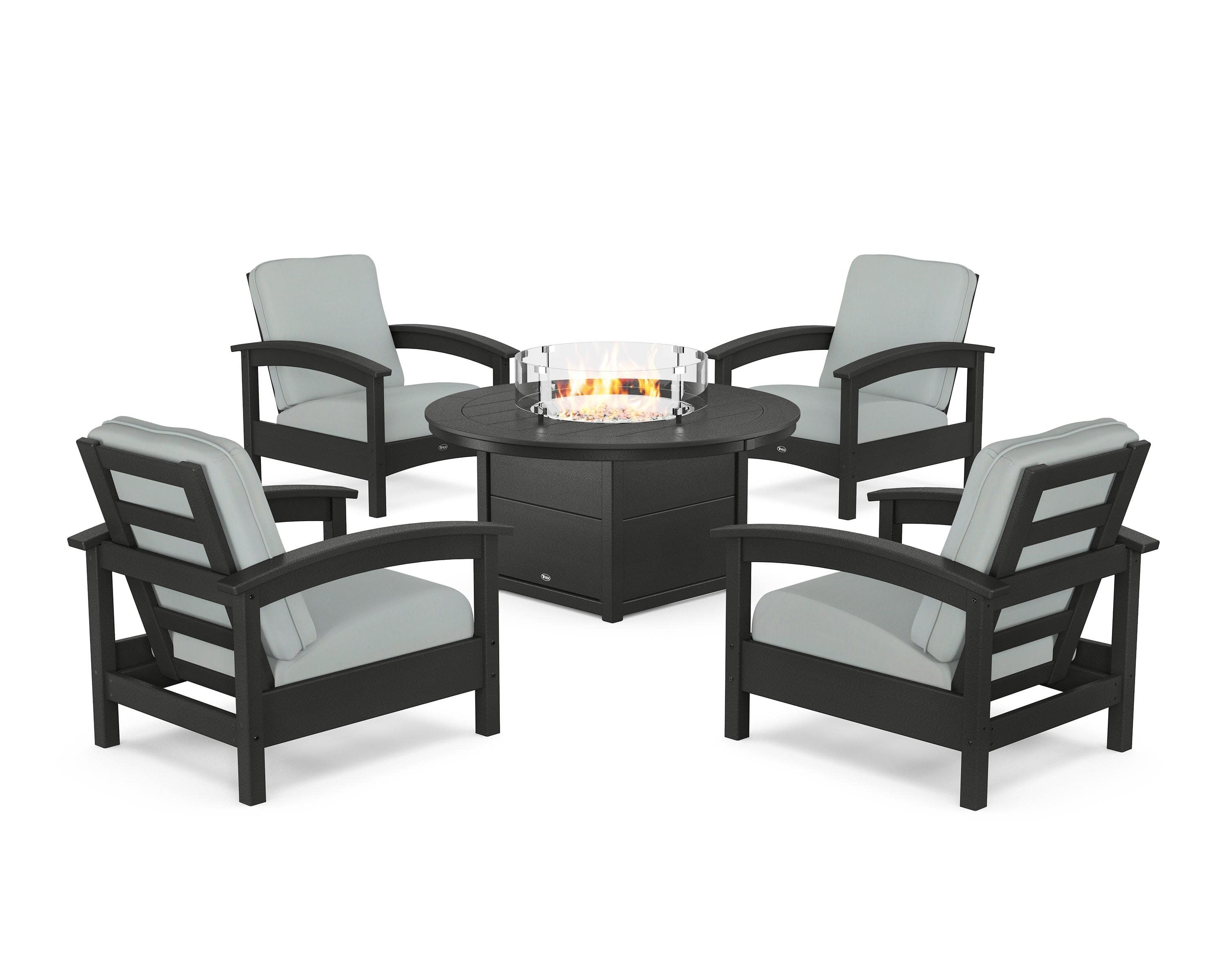 Rockport 5-Piece Deep Seating Set with Round Fire Pit Table in Charcoal Black / Spa