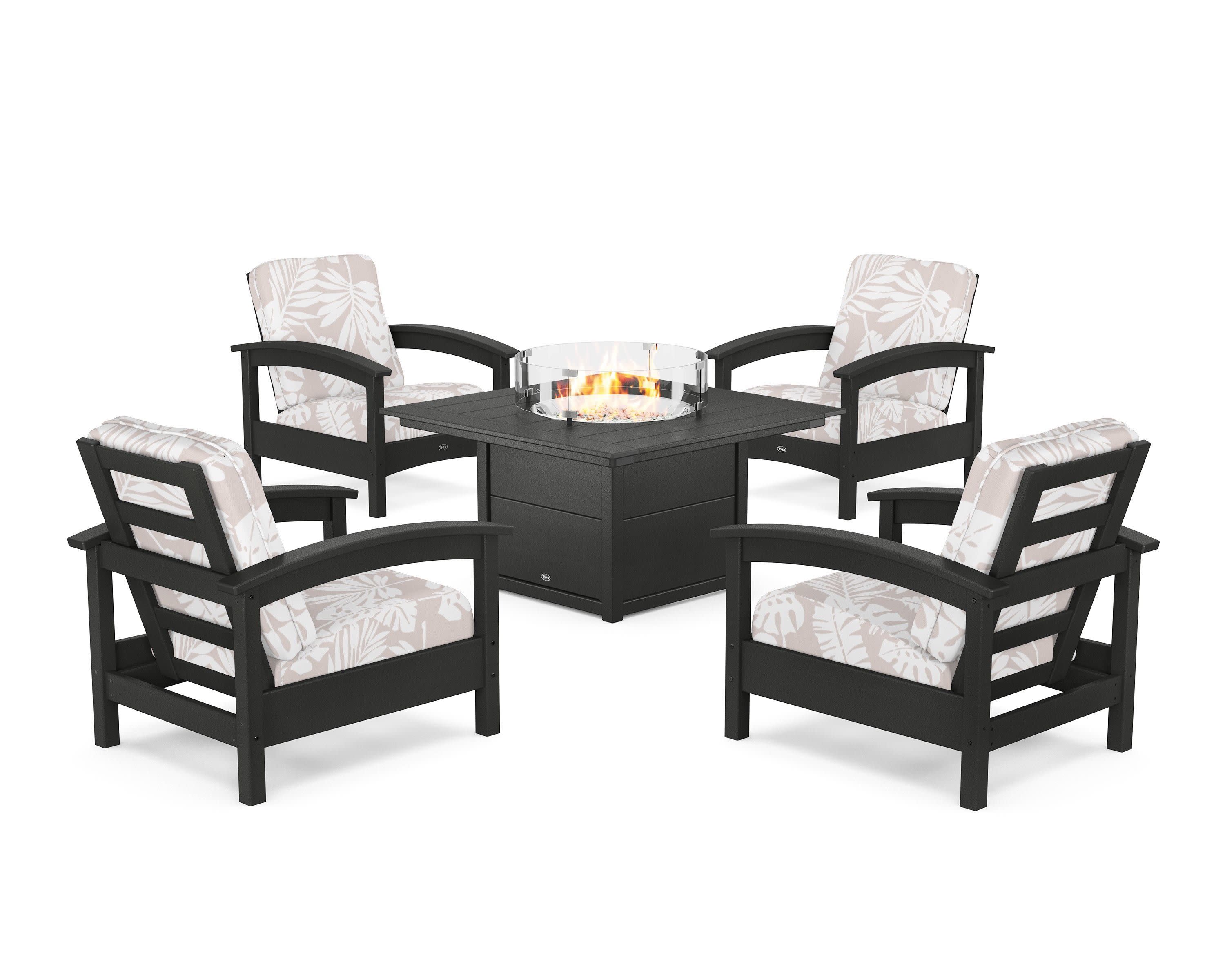 Rockport 5-Piece Deep Seating Set with Square Fire Pit Table in Charcoal Black / Leaf Dune Burlap