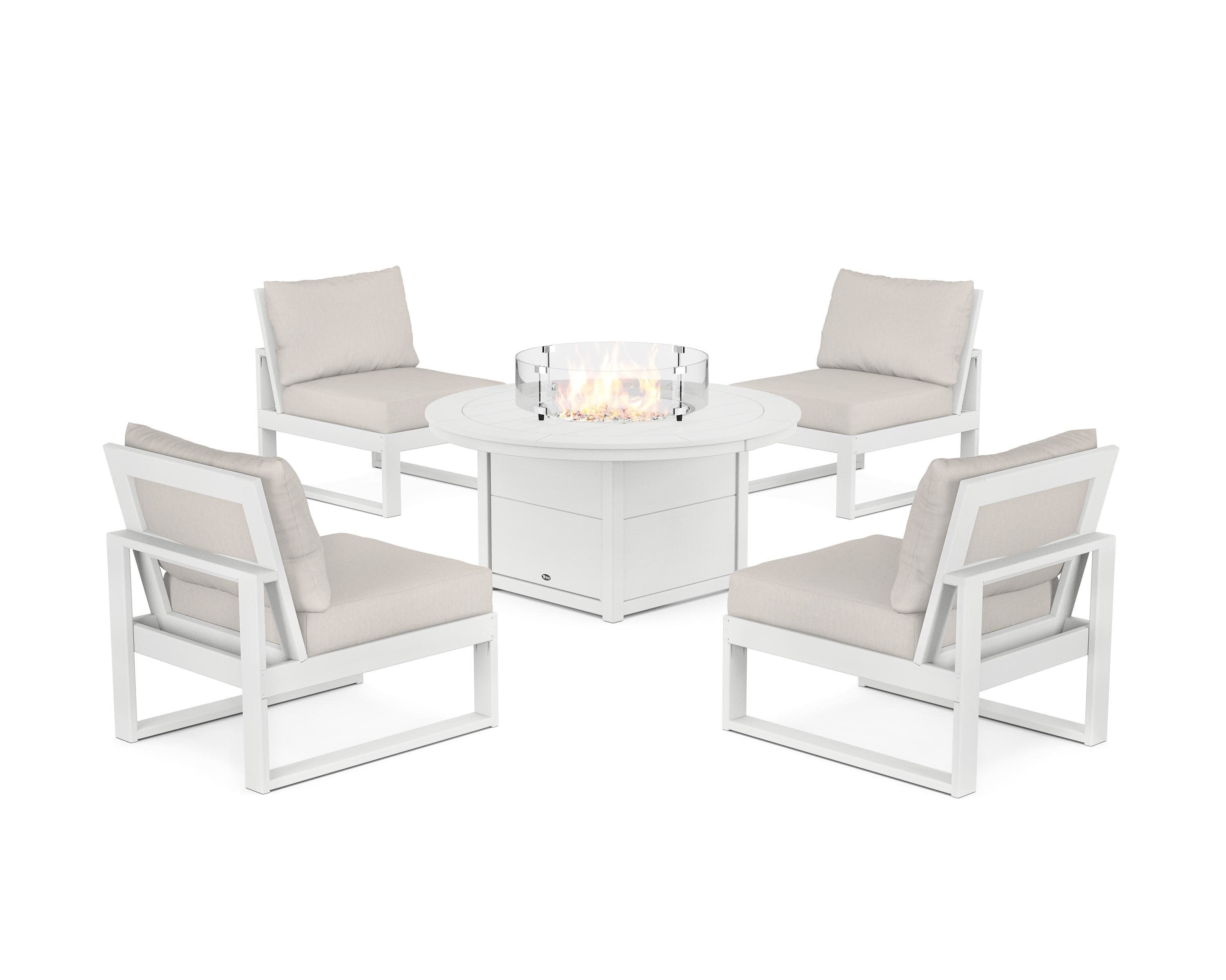 Eastport Modular 5-Piece Deep Seating Set with Round Fire Pit Table in Classic White / Cast Ash