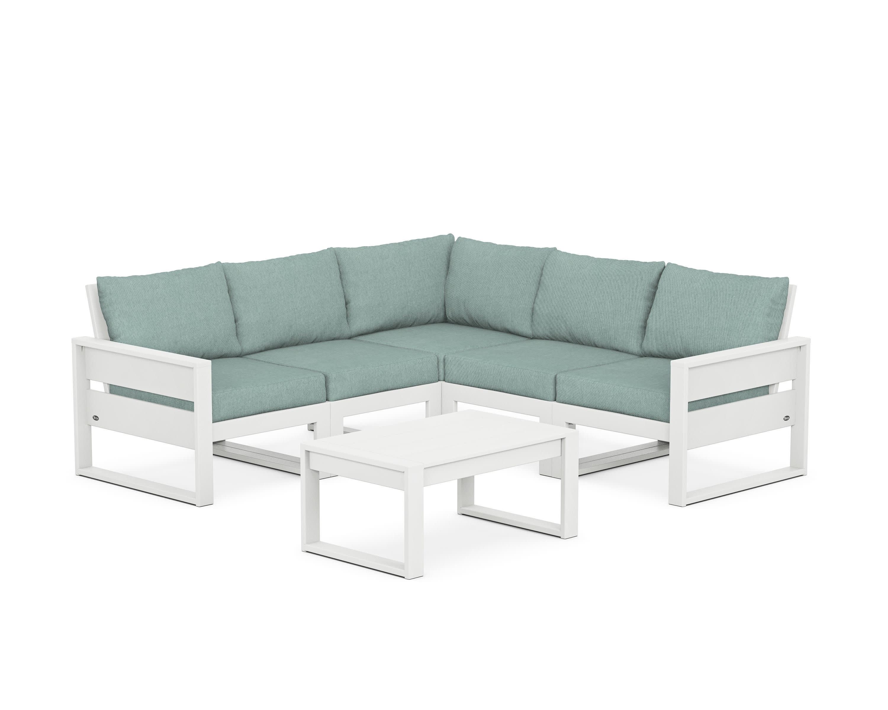 Eastport 6-Piece Deep Seating Sectional + Coffee Table Set in Classic White / Glacier Spa