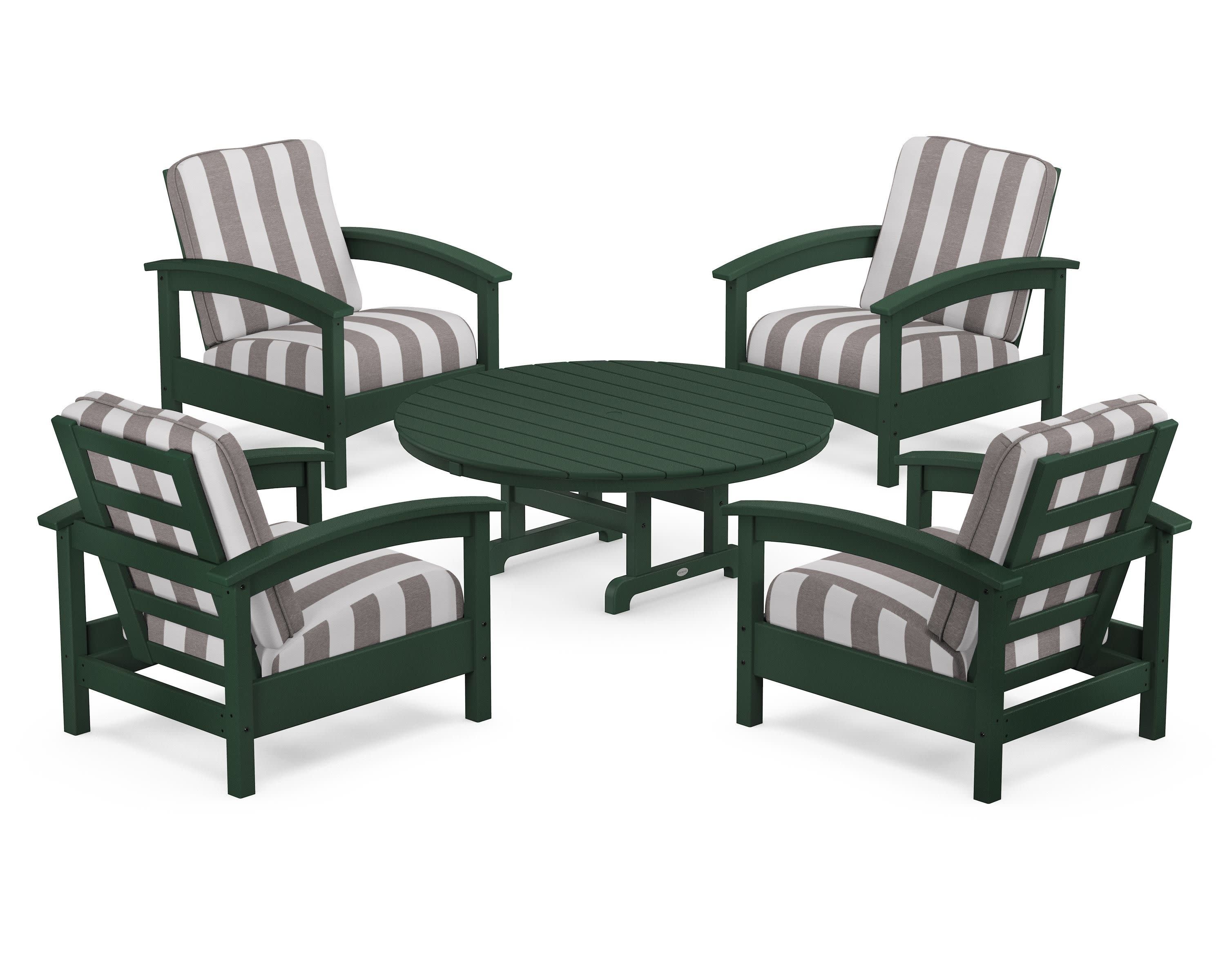 Rockport 5-Piece Deep Seating Set in Rainforest Canopy / Cabana Stripe Grey Mist
