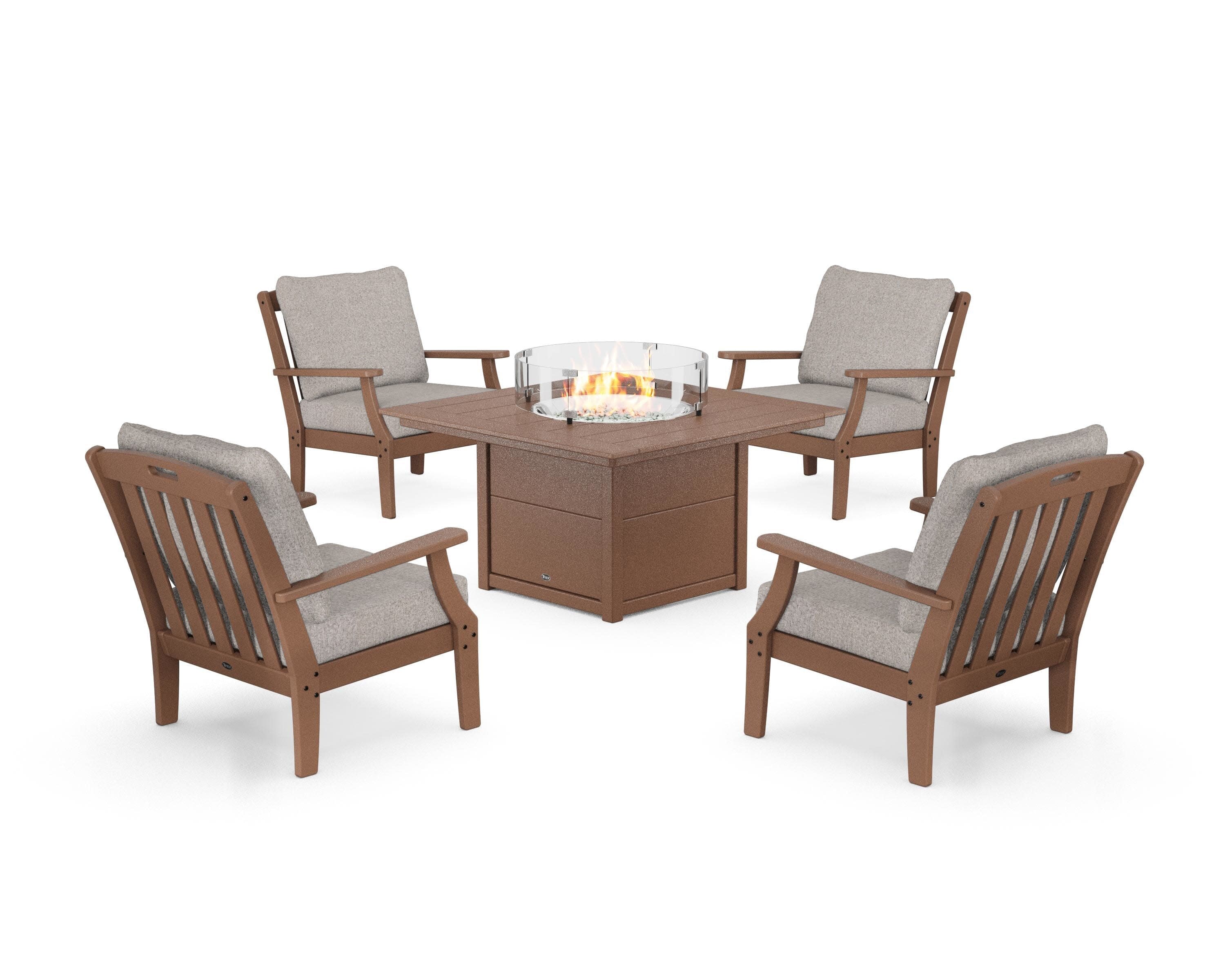 Yacht Club 5-Piece Deep Seating Set with Square Fire Pit Table in Tree House / Weathered Tweed