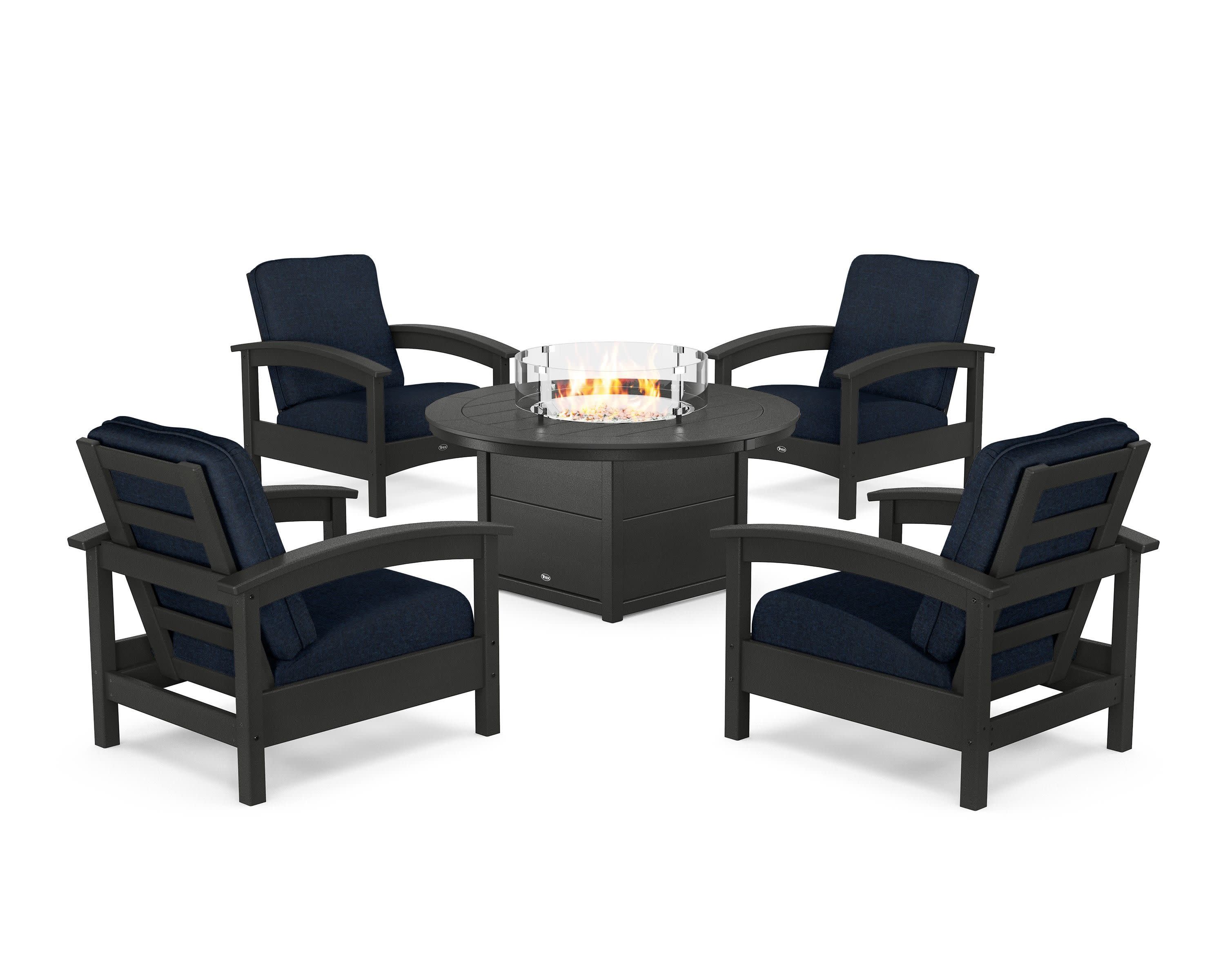 Rockport 5-Piece Deep Seating Set with Round Fire Pit Table in Charcoal Black / Marine Indigo