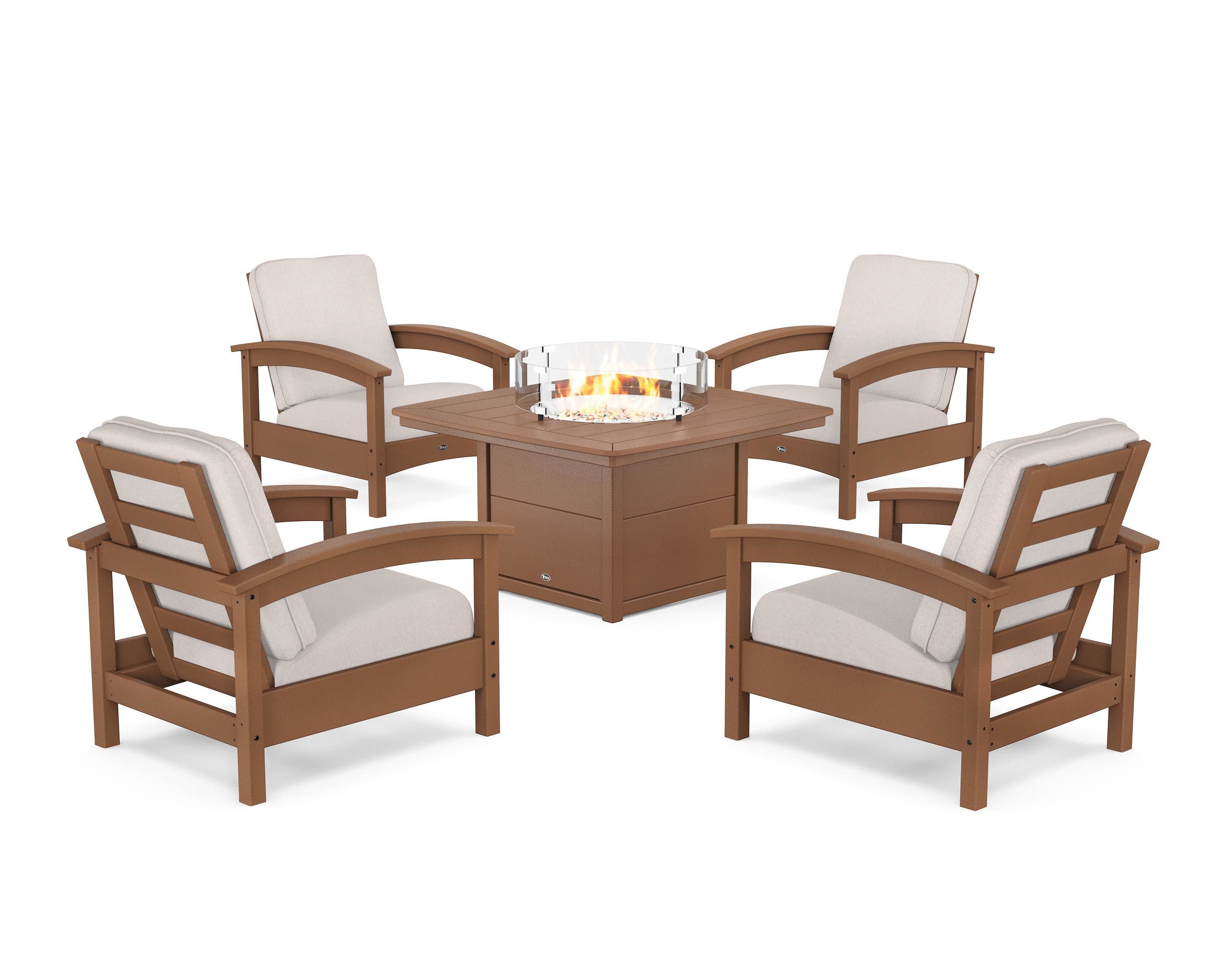 Rockport 5-Piece Deep Seating Set with Yacht Club Fire Pit Table in Tree House / Dune Burlap