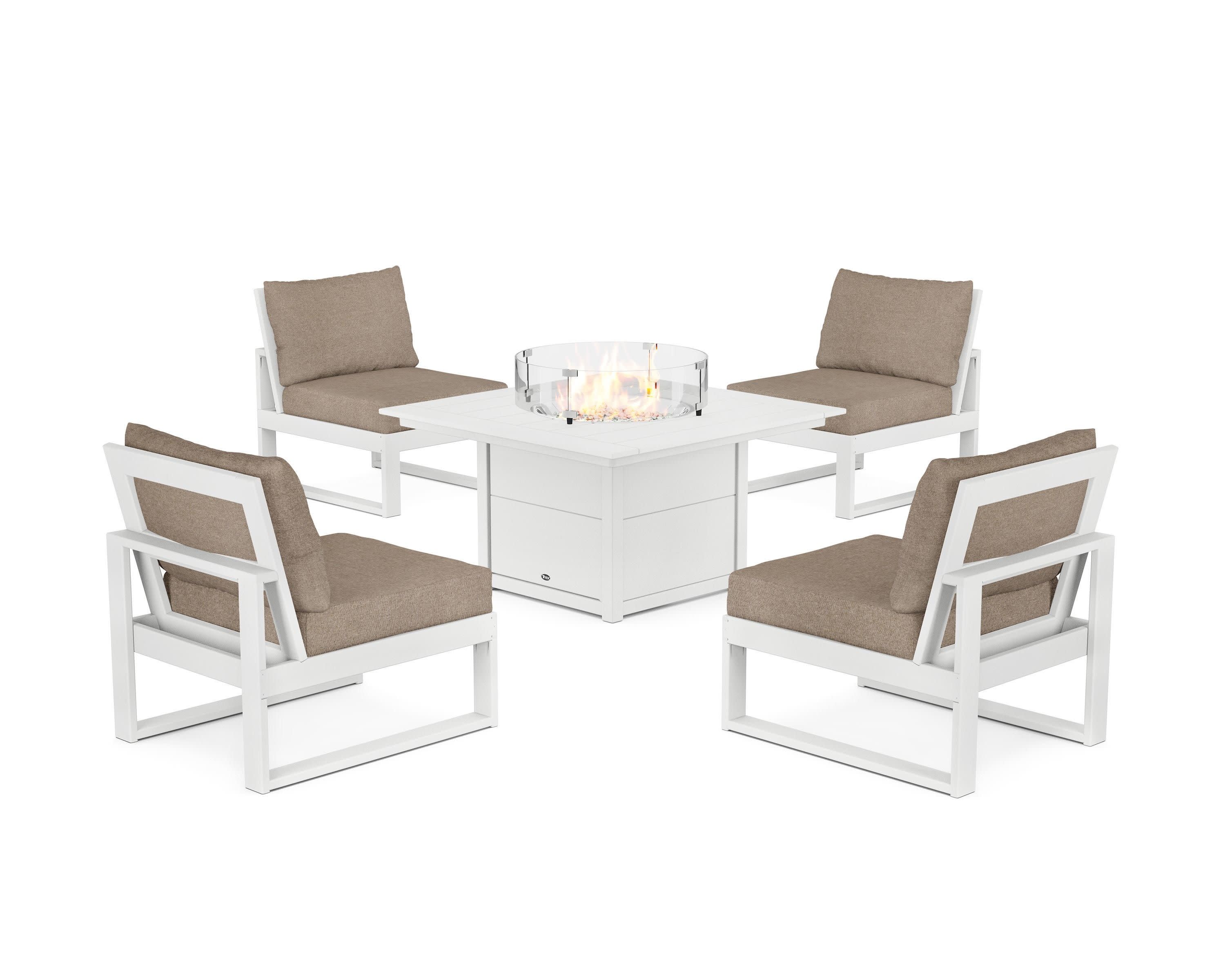 Eastport Modular 5-Piece Deep Seating Set with Square Fire Pit Table in Classic White / Spiced Burlap