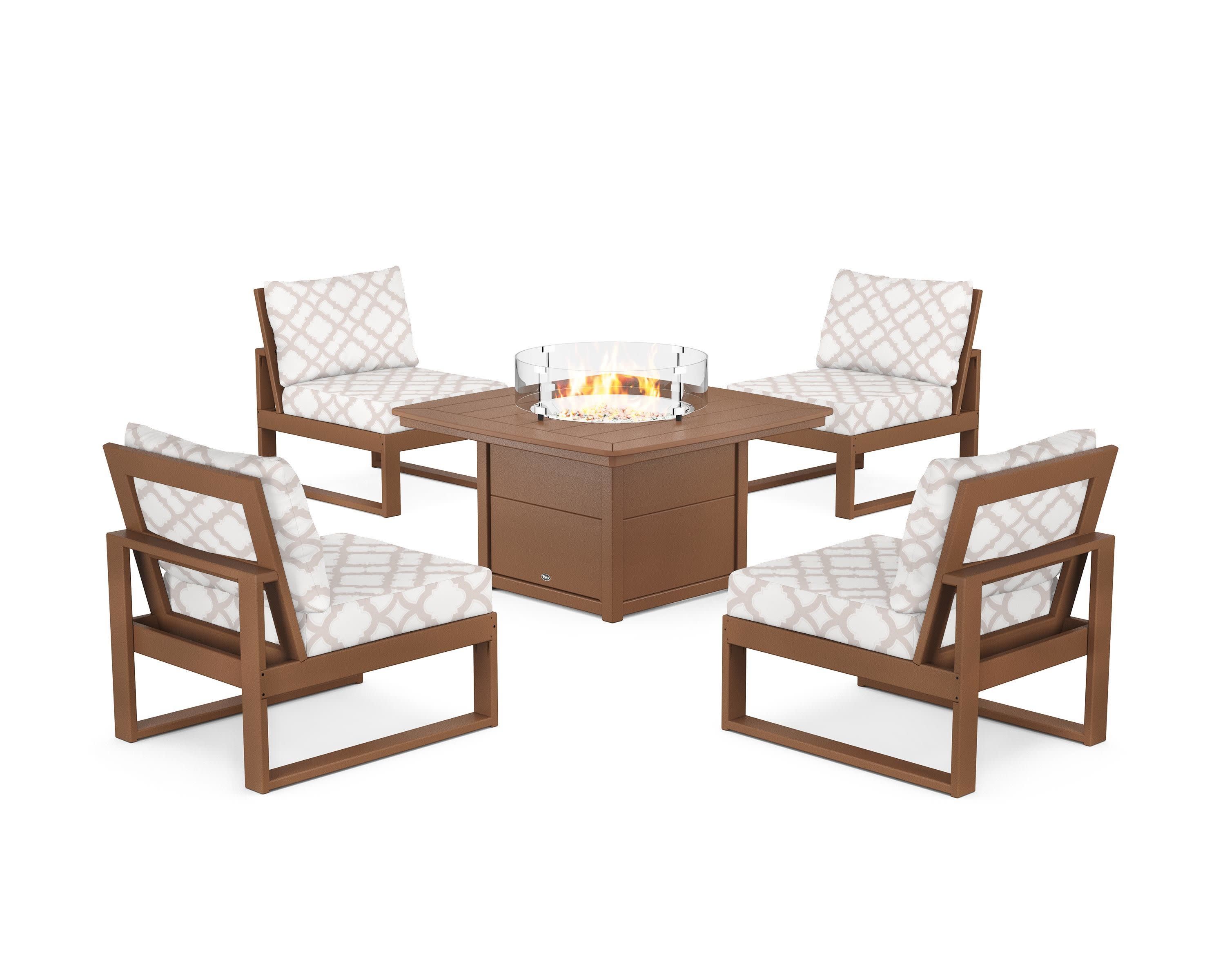 Eastport Modular 5-Piece Deep Seating Set with Yacht Club Fire Pit Table in Tree House / Trellis Dune Burlap