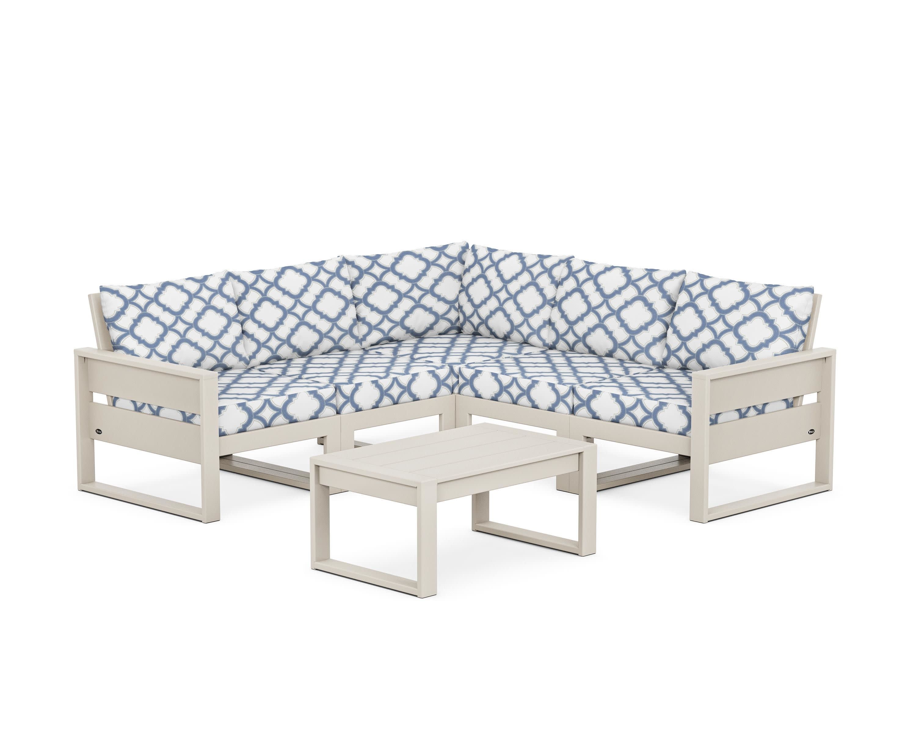 Eastport 6-Piece Deep Seating Sectional + Coffee Table Set in Sand Castle / Trellis Sky Blue