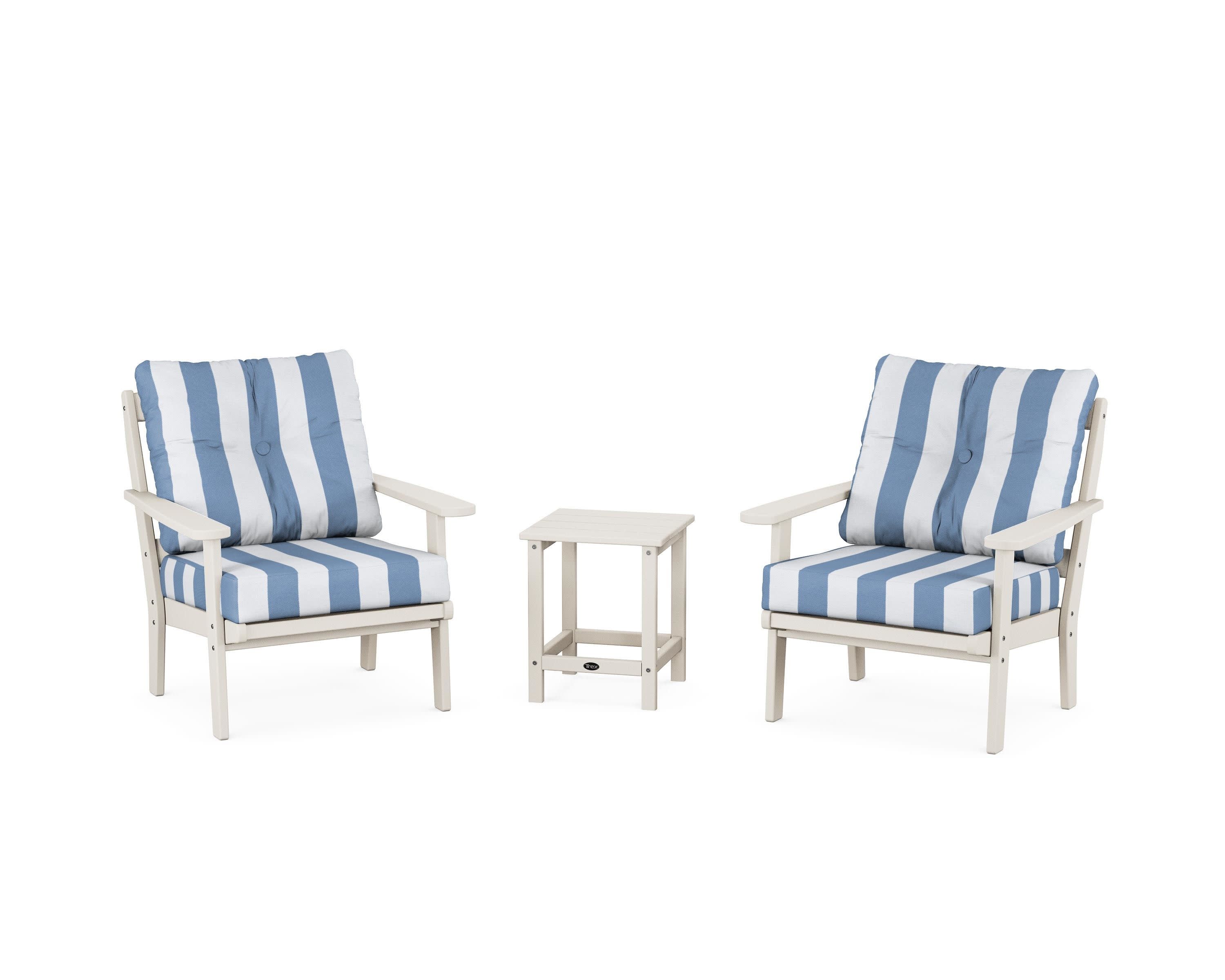 Cape Cod 3-Piece Deep Seating Set in Sand Castle / Cabana Stripe Sky Blue