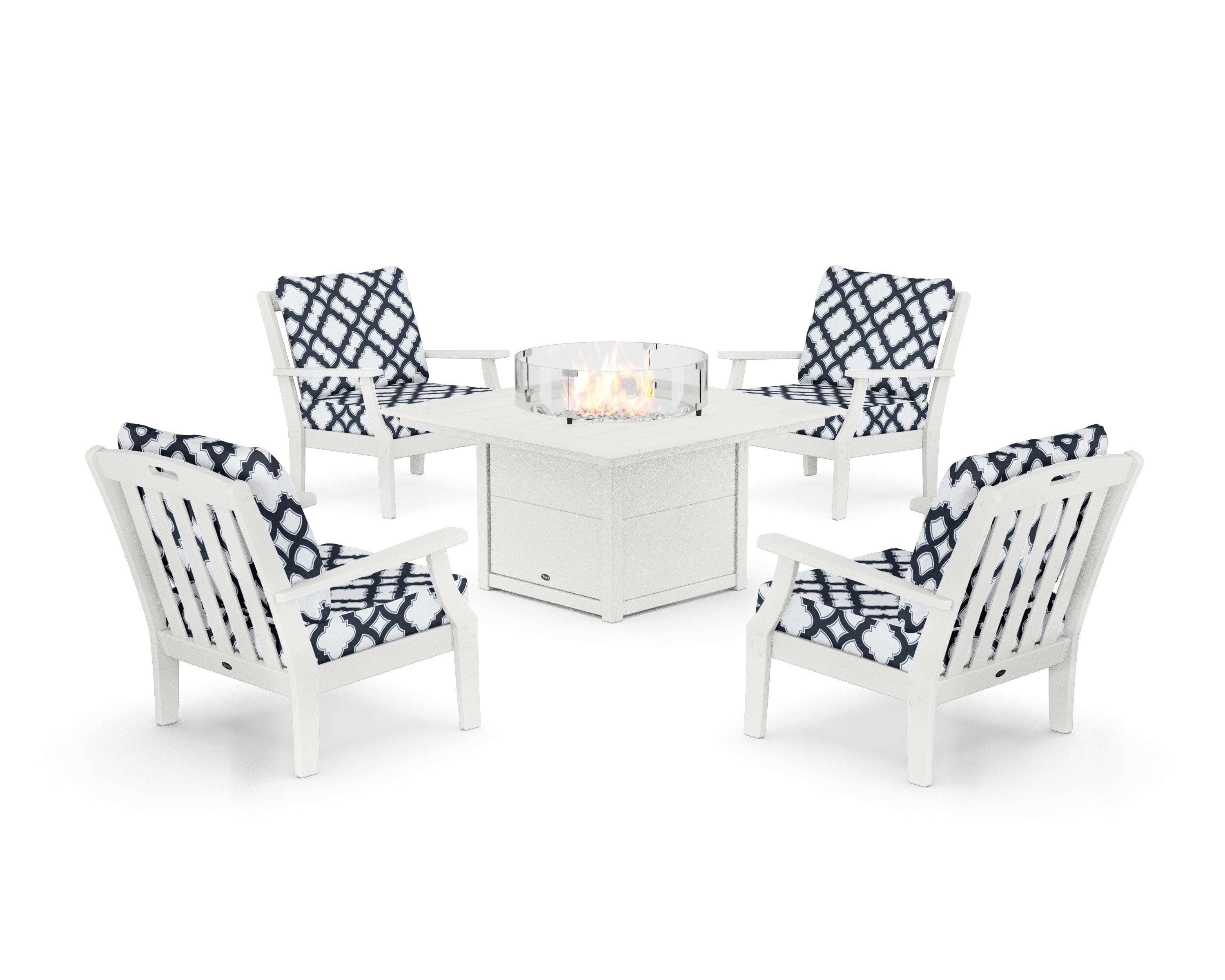 Yacht Club 5-Piece Deep Seating Set with Square Fire Pit Table in Classic White / Trellis Marine Indigo