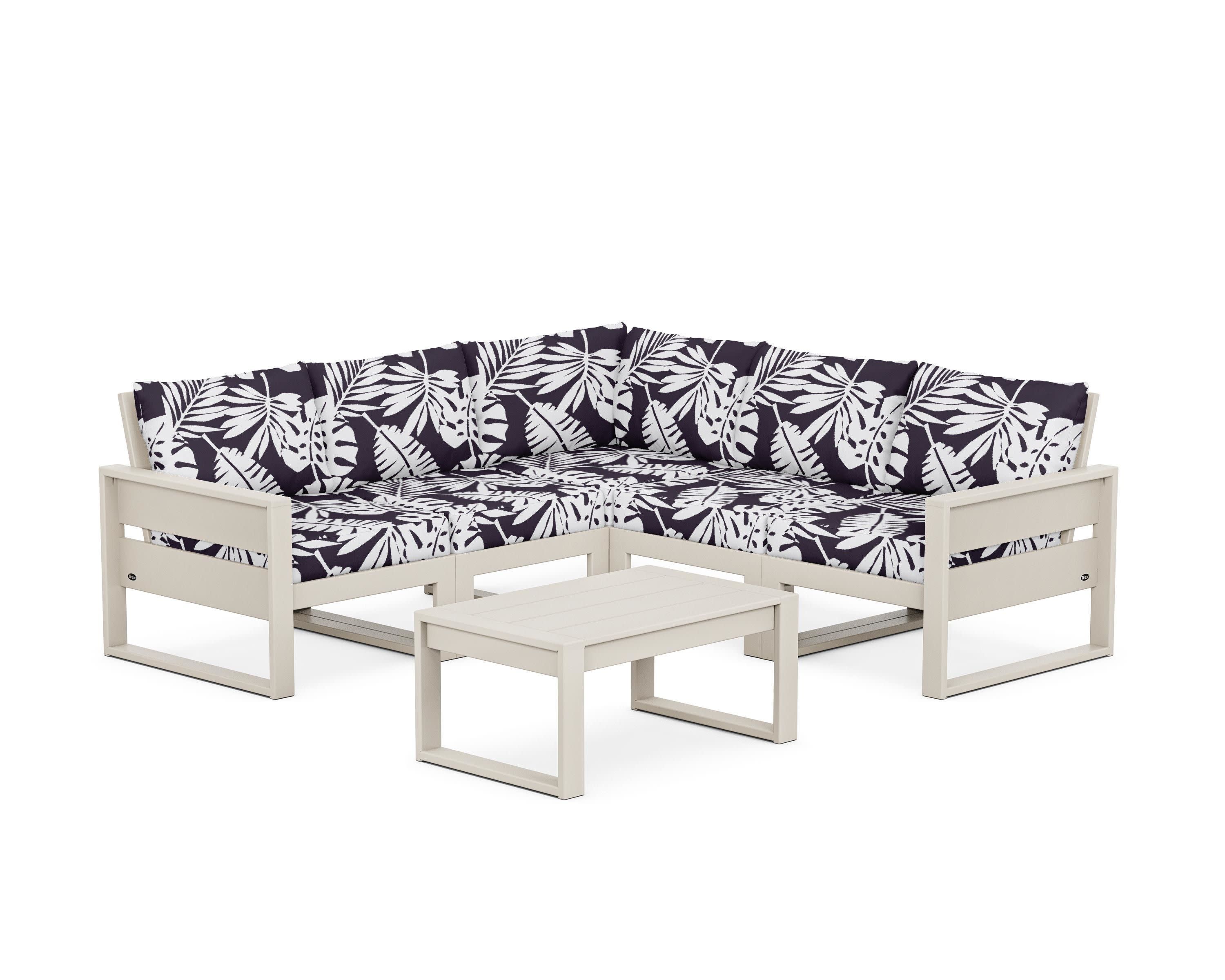 Eastport 6-Piece Deep Seating Sectional + Coffee Table Set in Sand Castle / Leaf Navy