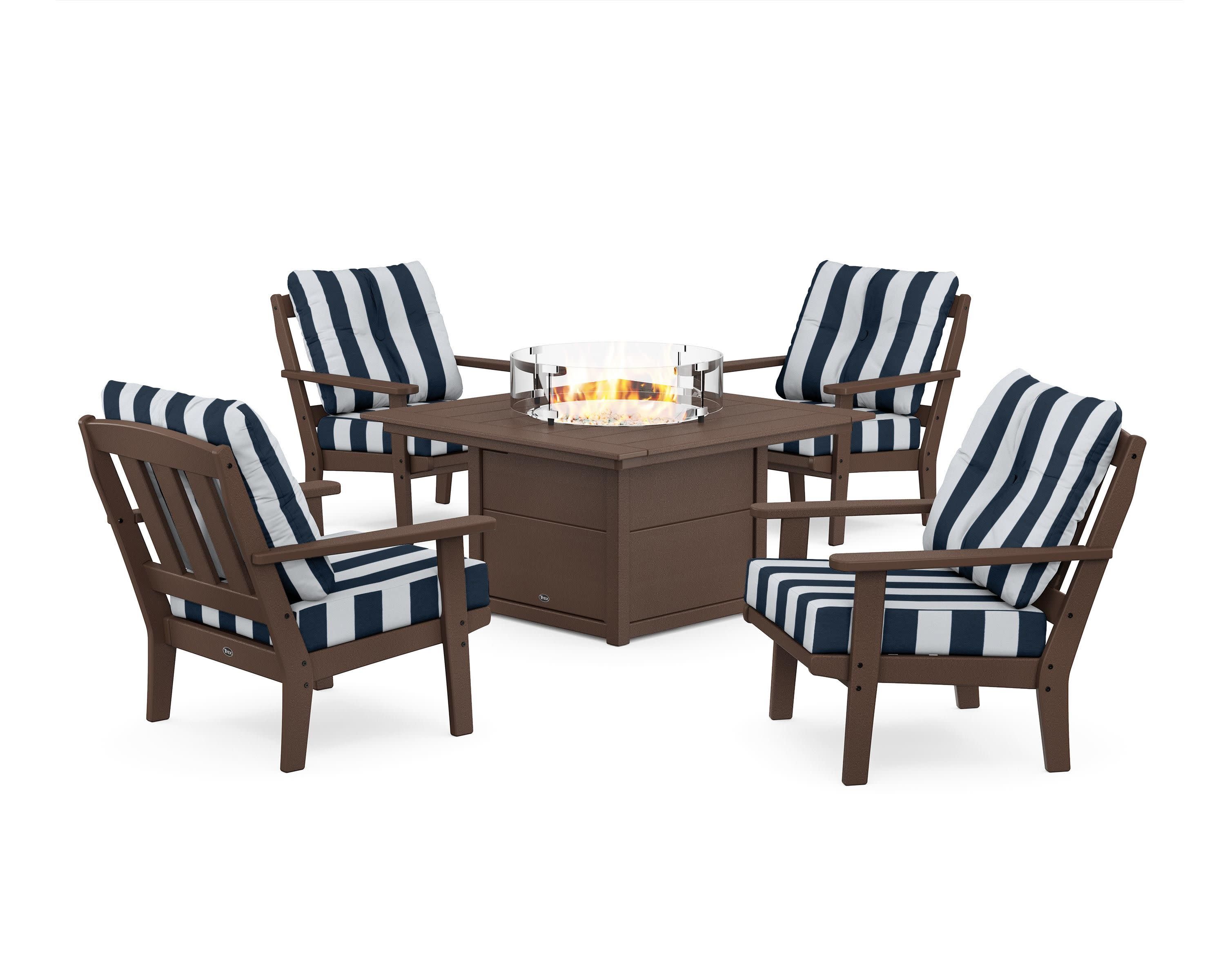 Cape Cod 5-Piece Deep Seating Set with Fire Pit Table in Vintage Lantern / Cabana Stripe Marine Indigo