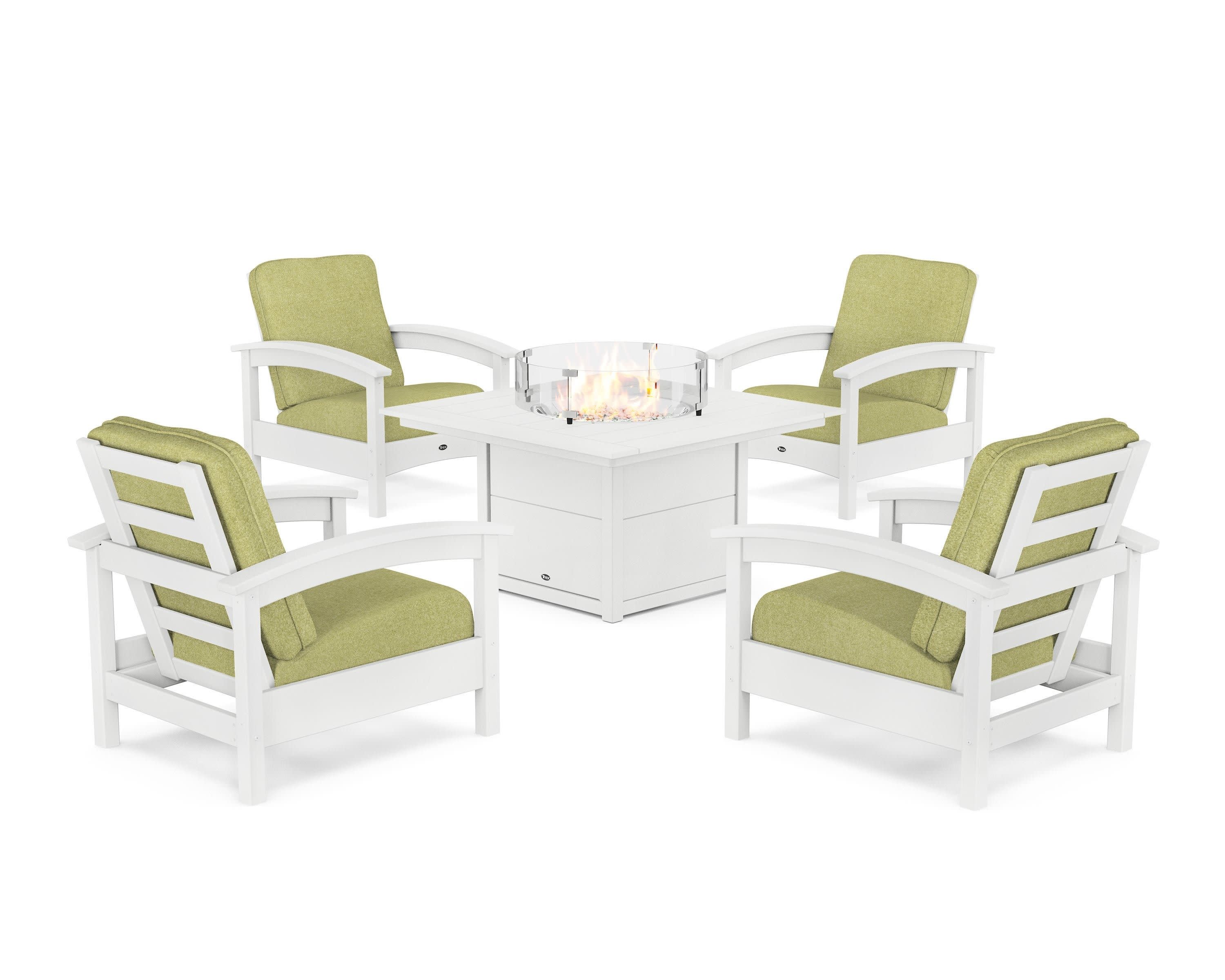 Rockport 5-Piece Deep Seating Set with Square Fire Pit Table in Classic White / Chartreuse Boucle