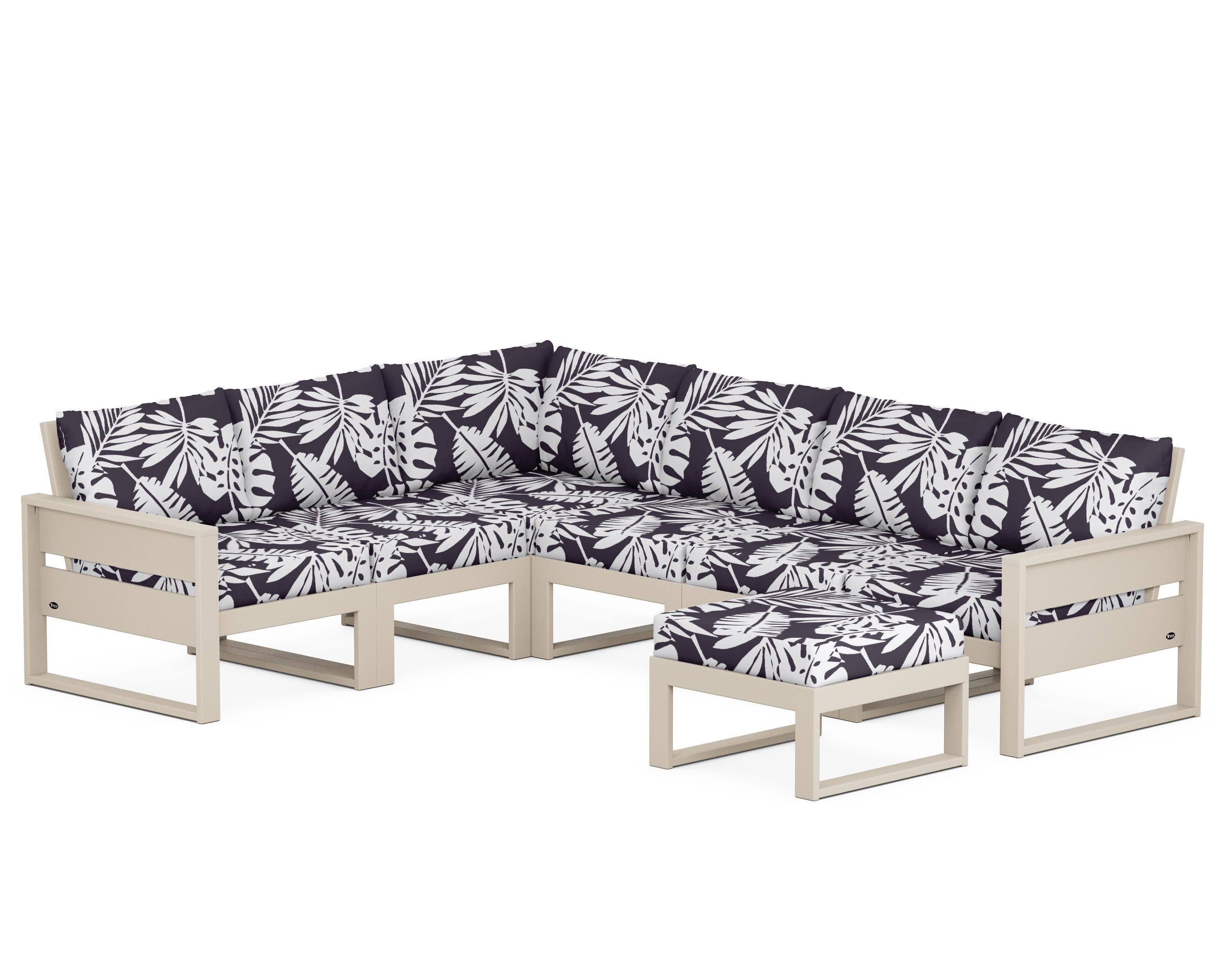Eastport 6-Piece Sectional with Ottoman in Sand Castle / Leaf Navy