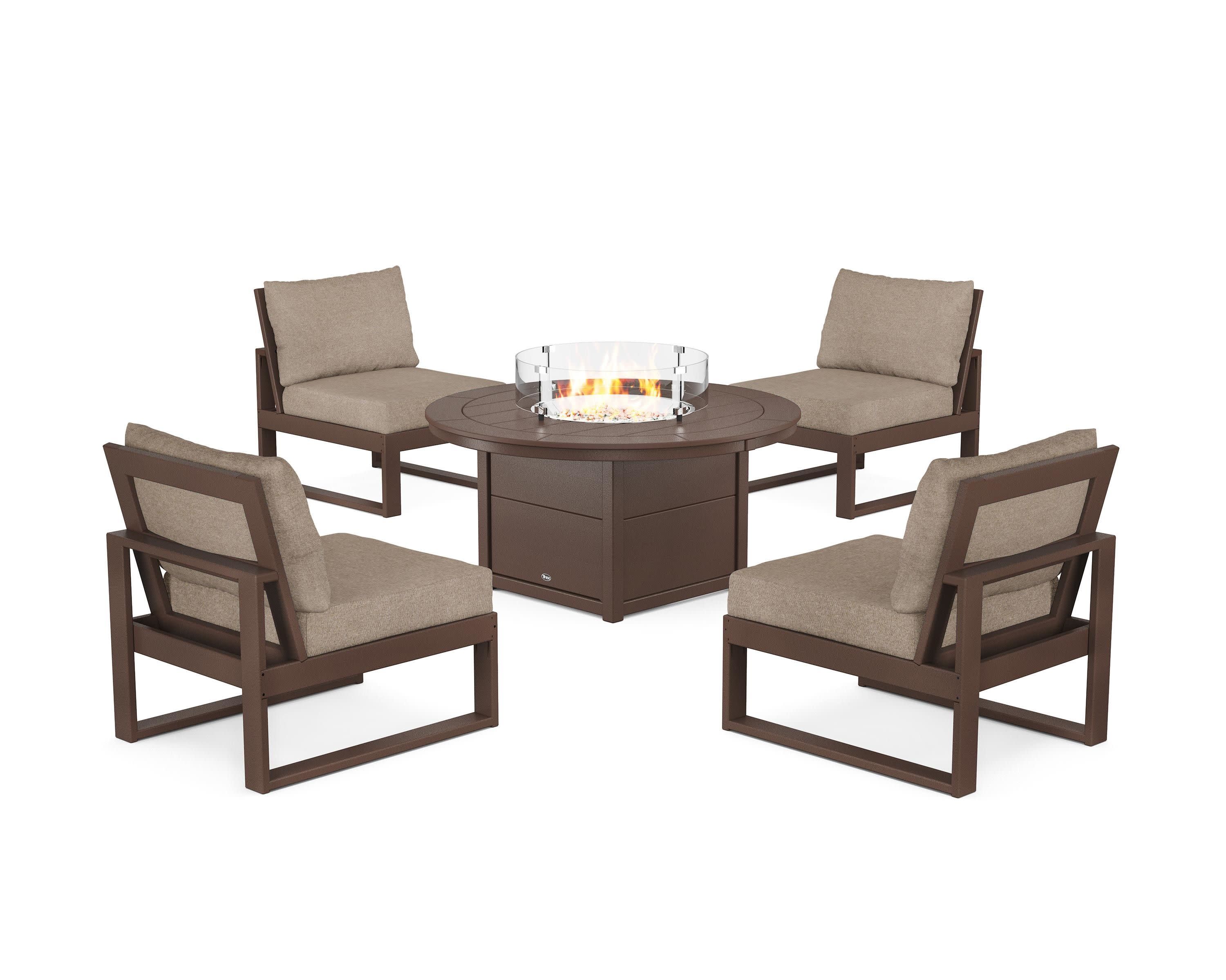 Eastport Modular 5-Piece Deep Seating Set with Round Fire Pit Table in Vintage Lantern / Spiced Burlap