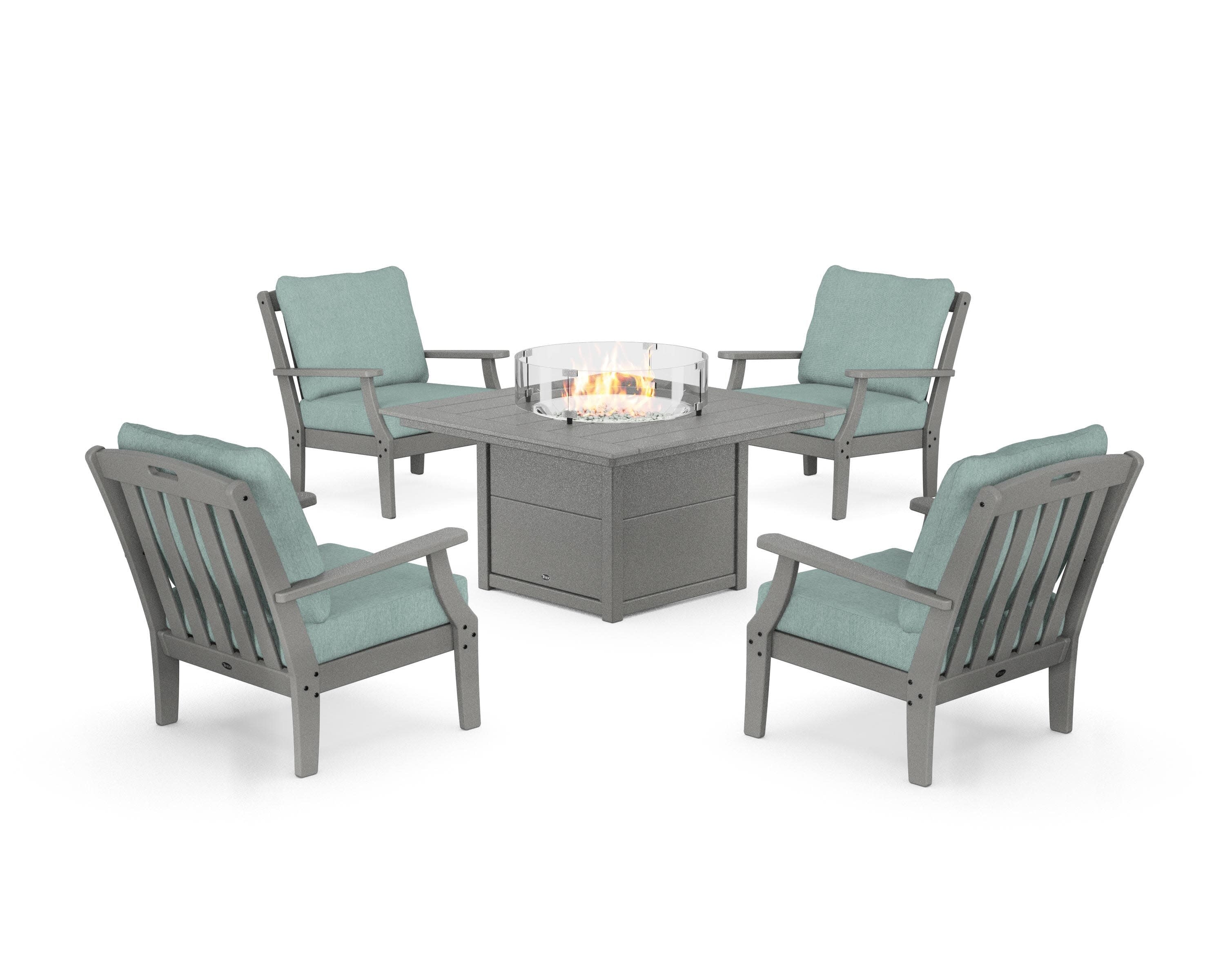 Yacht Club 5-Piece Deep Seating Set with Square Fire Pit Table in Stepping Stone / Glacier Spa
