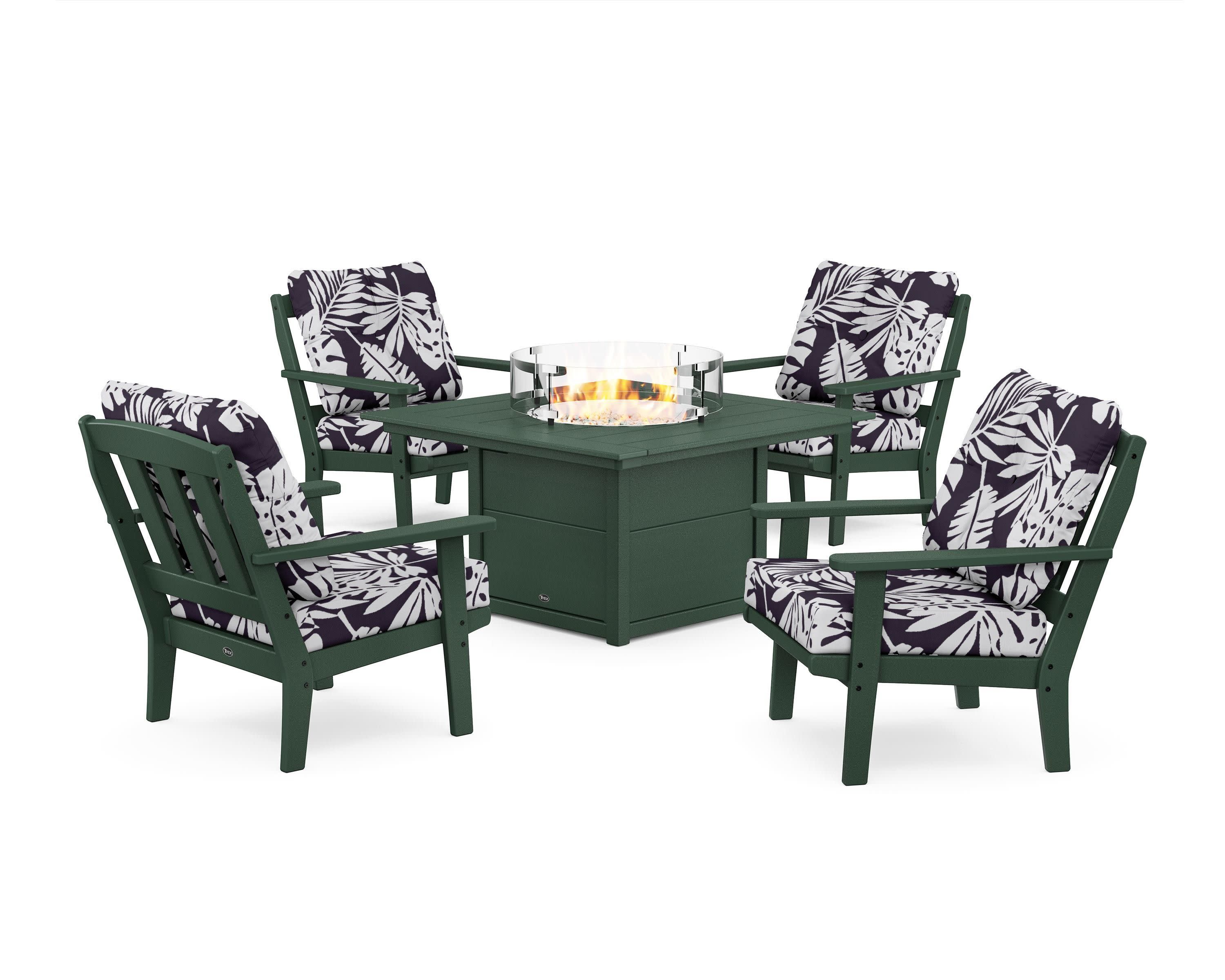 Cape Cod 5-Piece Deep Seating Set with Fire Pit Table in Rainforest Canopy / Leaf Navy