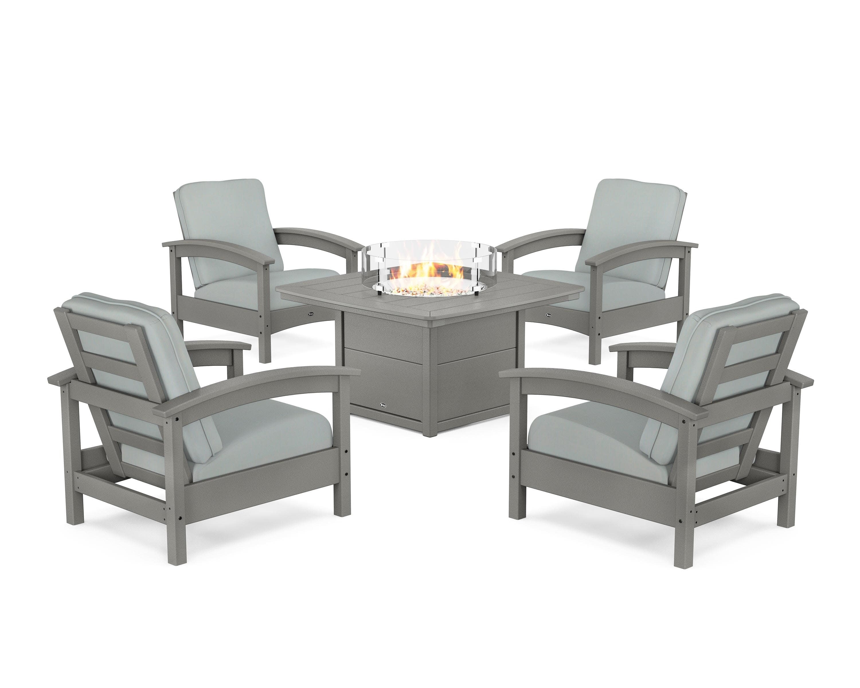 Rockport 5-Piece Deep Seating Set with Yacht Club Fire Pit Table in Stepping Stone / Spa