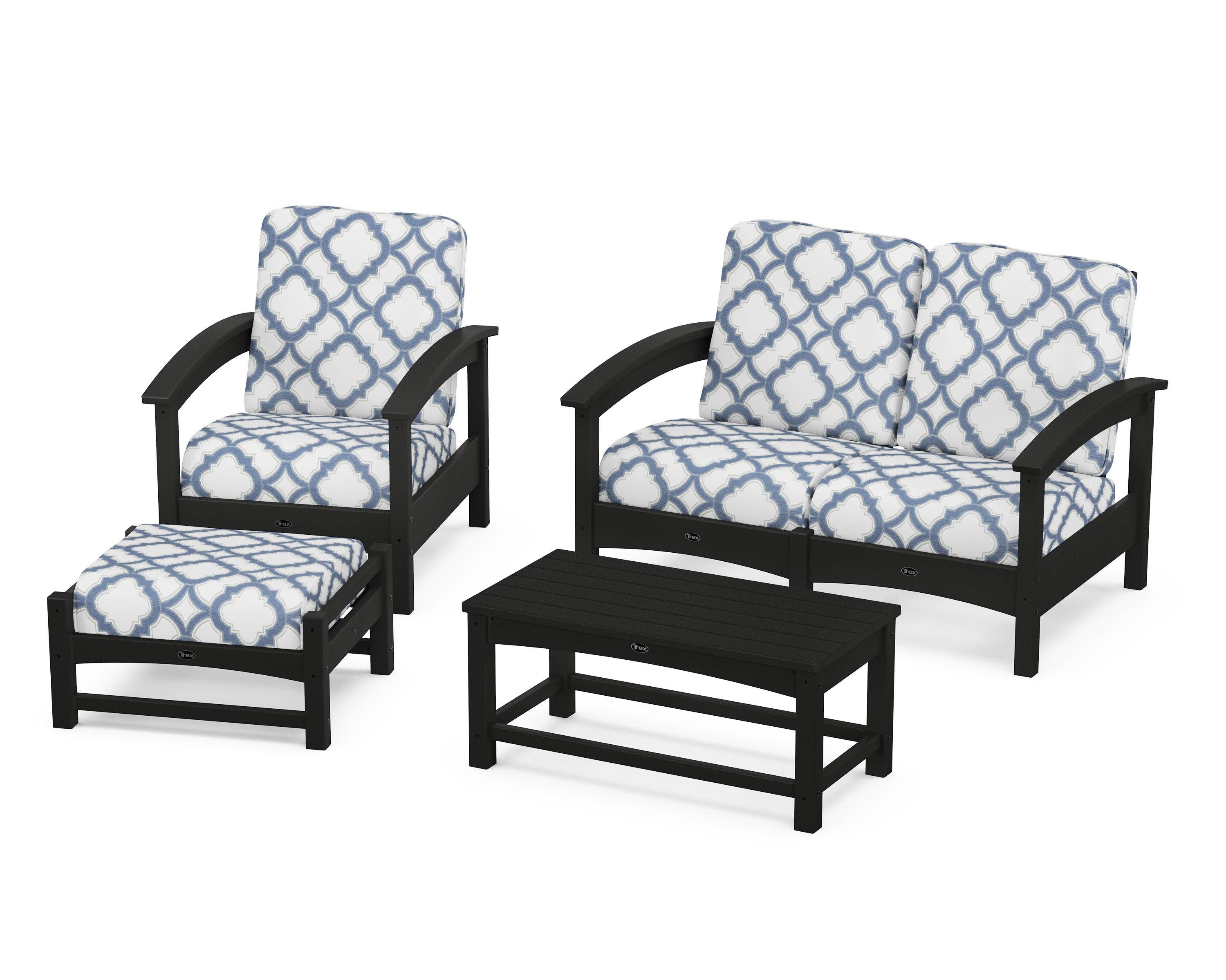 Rockport 4-Piece Deep Seating Conversation Group in Charcoal Black / Trellis Sky Blue
