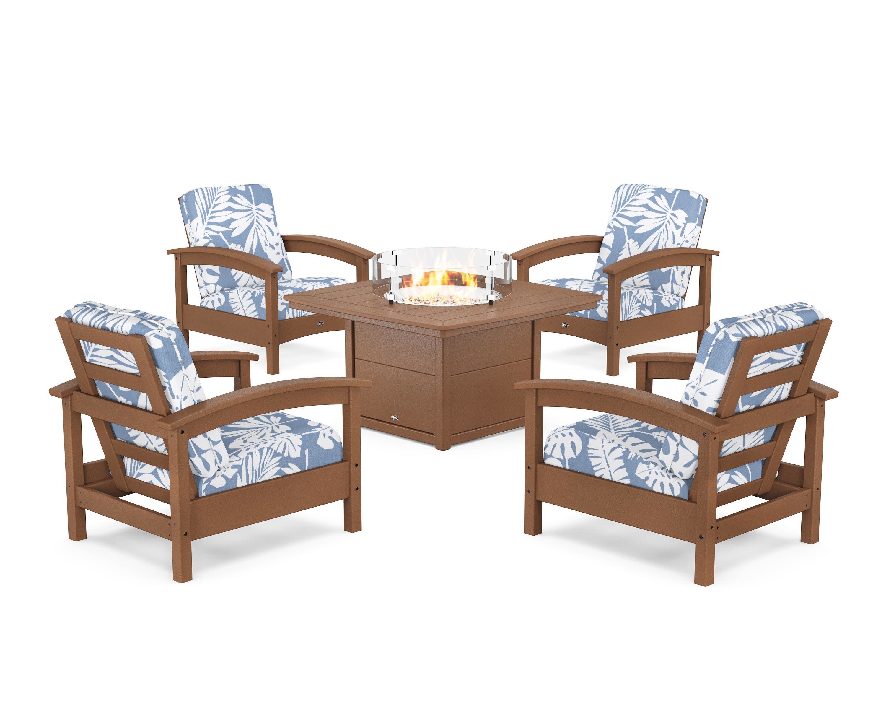 Rockport 5-Piece Deep Seating Set with Yacht Club Fire Pit Table in Tree House / Leaf Sky Blue