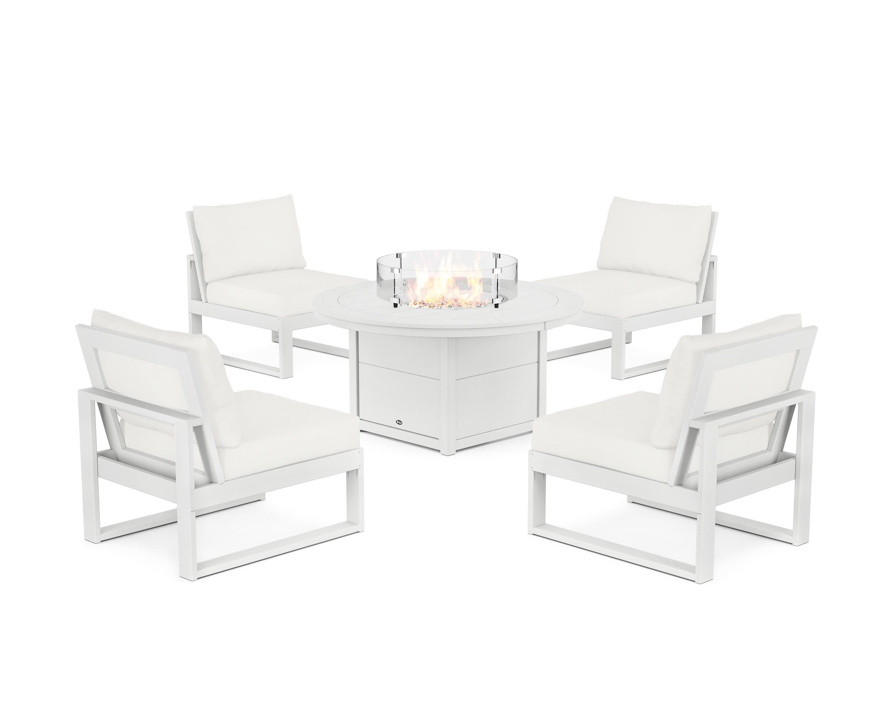 Eastport Modular 5-Piece Deep Seating Set with Round Fire Pit Table in Classic White / Natural Linen