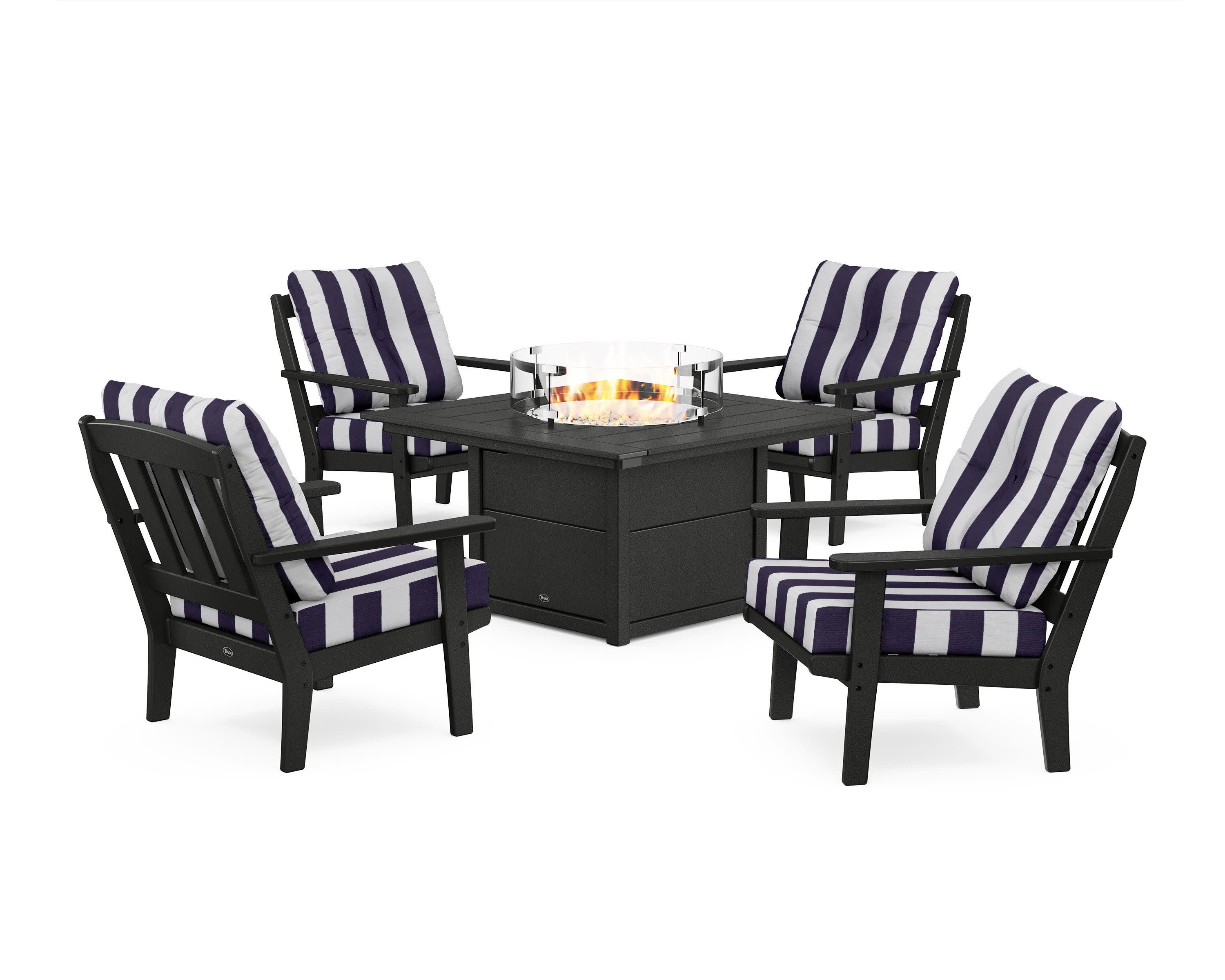 Cape Cod 5-Piece Deep Seating Set with Fire Pit Table in Charcoal Black / Cabana Stripe Navy