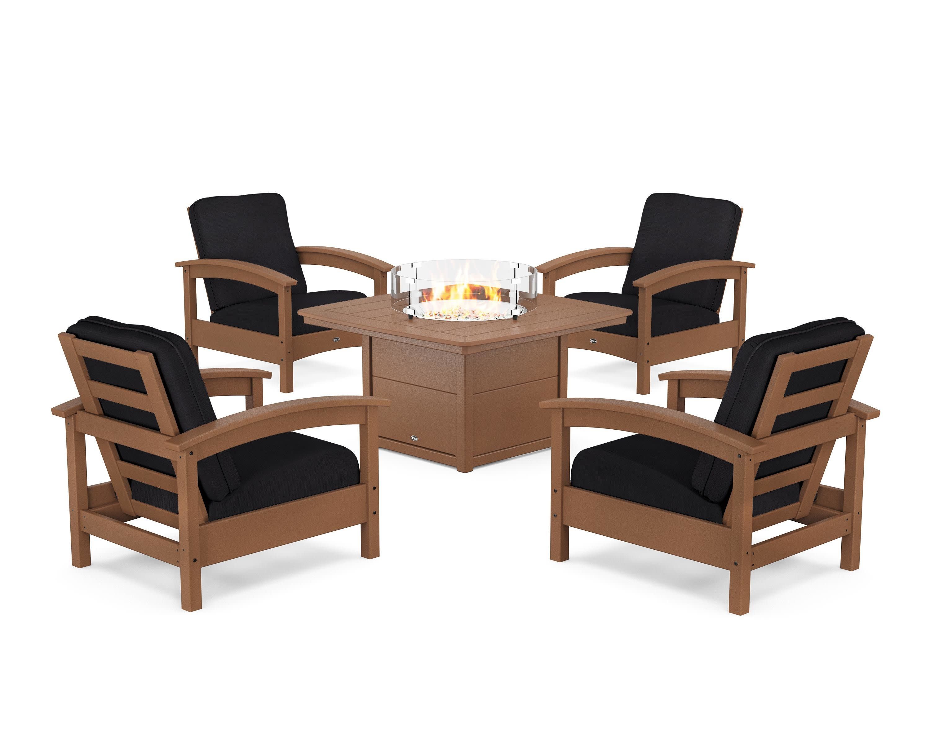 Rockport 5-Piece Deep Seating Set with Yacht Club Fire Pit Table in Tree House / Midnight Linen