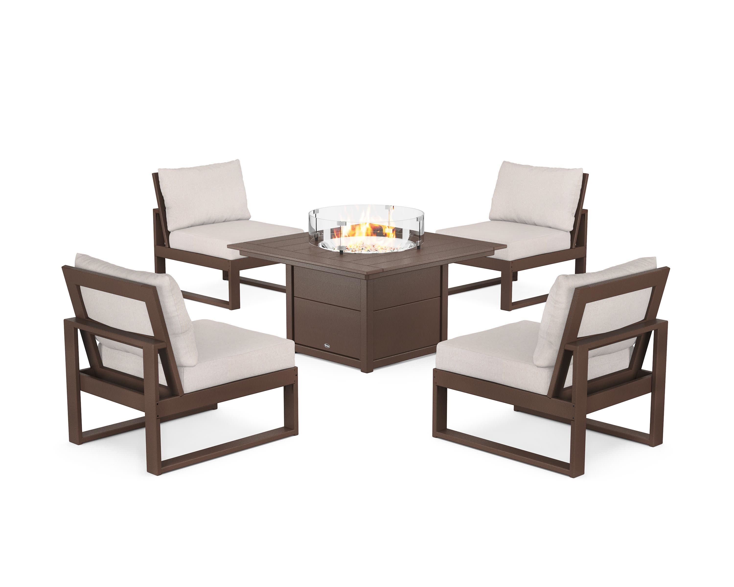 Eastport Modular 5-Piece Deep Seating Set with Square Fire Pit Table in Vintage Lantern / Dune Burlap